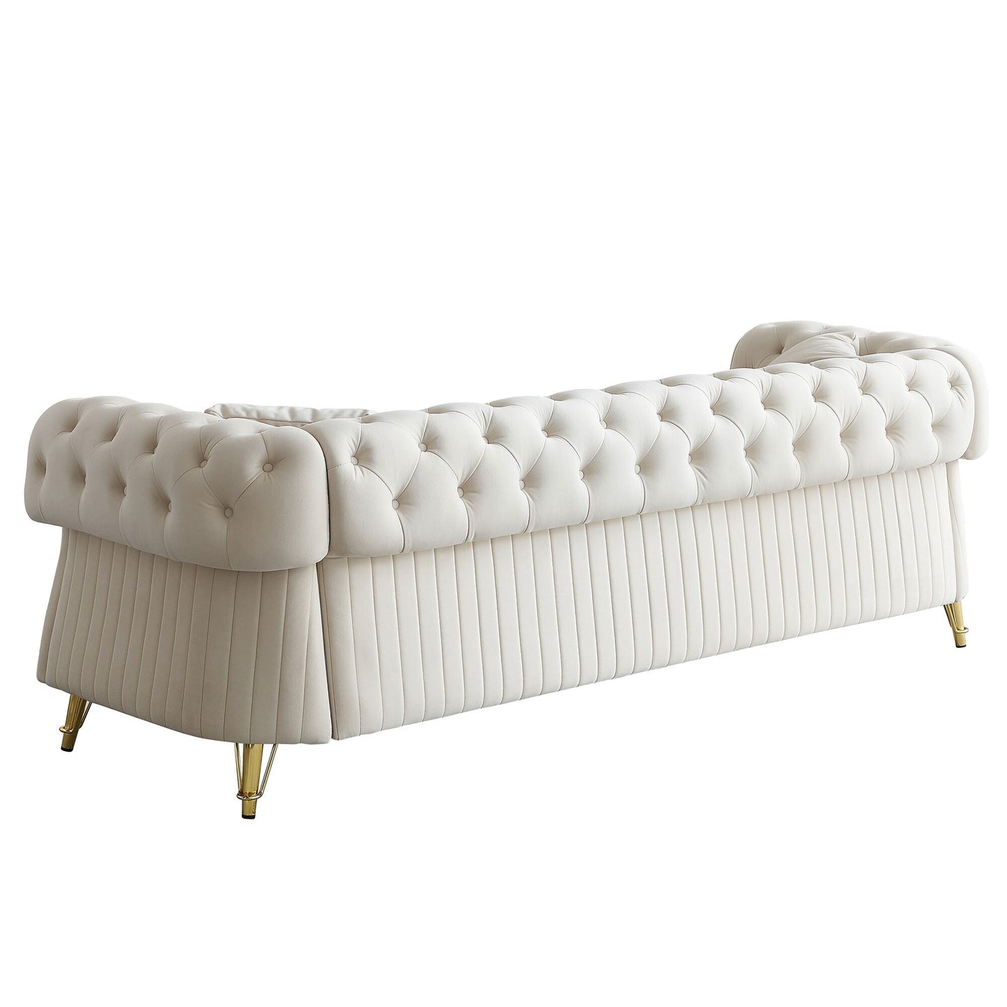 Canapé 3 places en velours 89 avec deux coussins d'assise et deux coussins décoratifs.