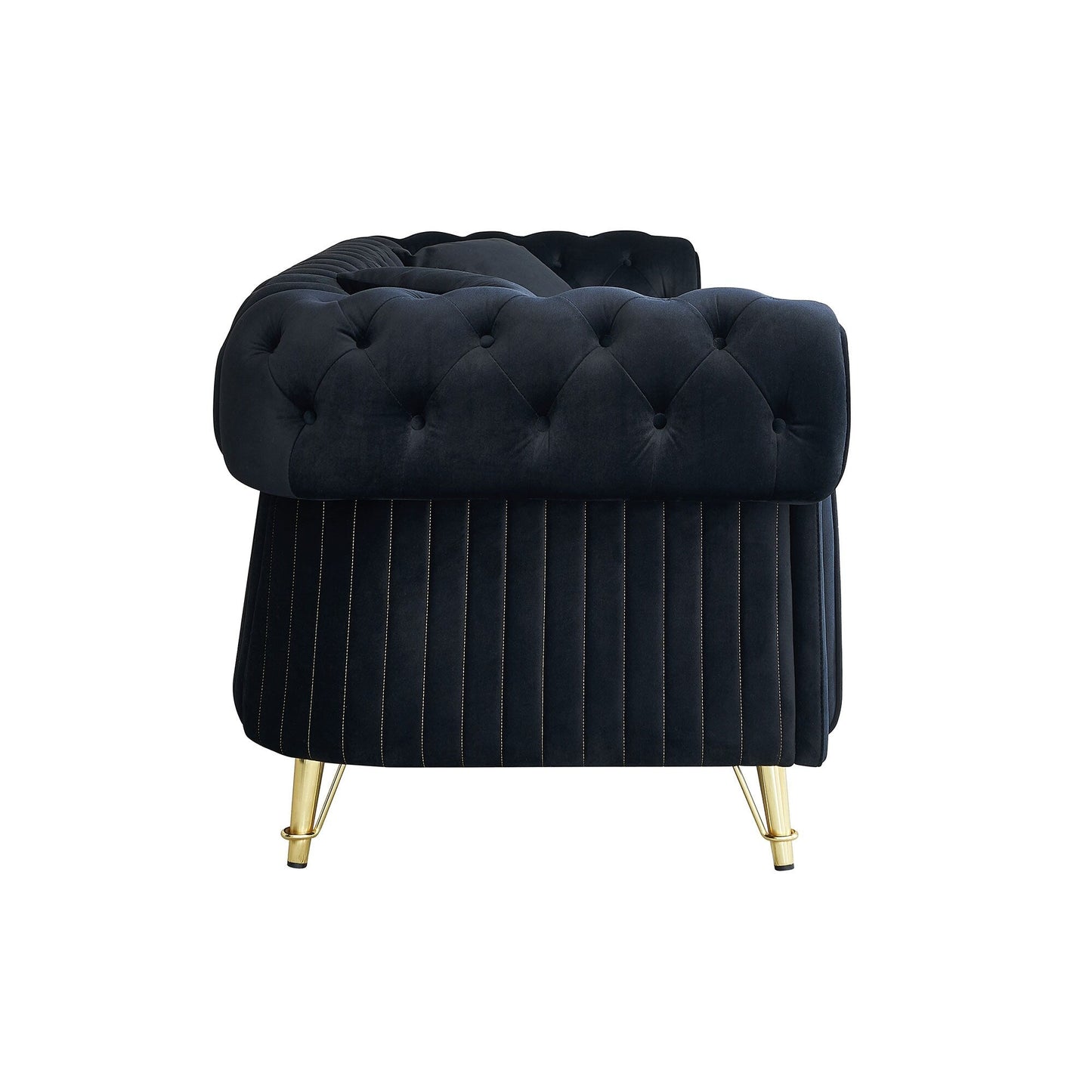 Canapé 3 places en velours 89 avec deux coussins d'assise et deux coussins décoratifs.