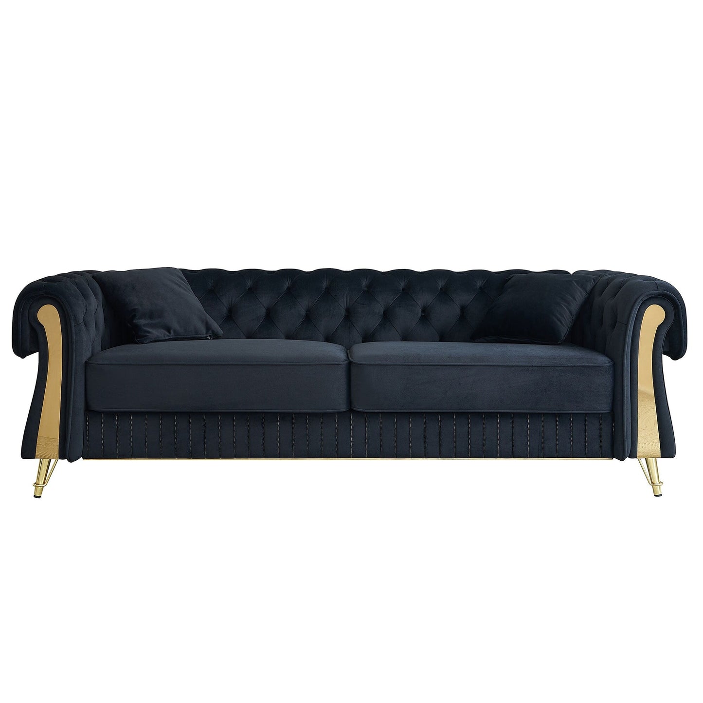 Canapé 3 places en velours 89 avec deux coussins d'assise et deux coussins décoratifs.