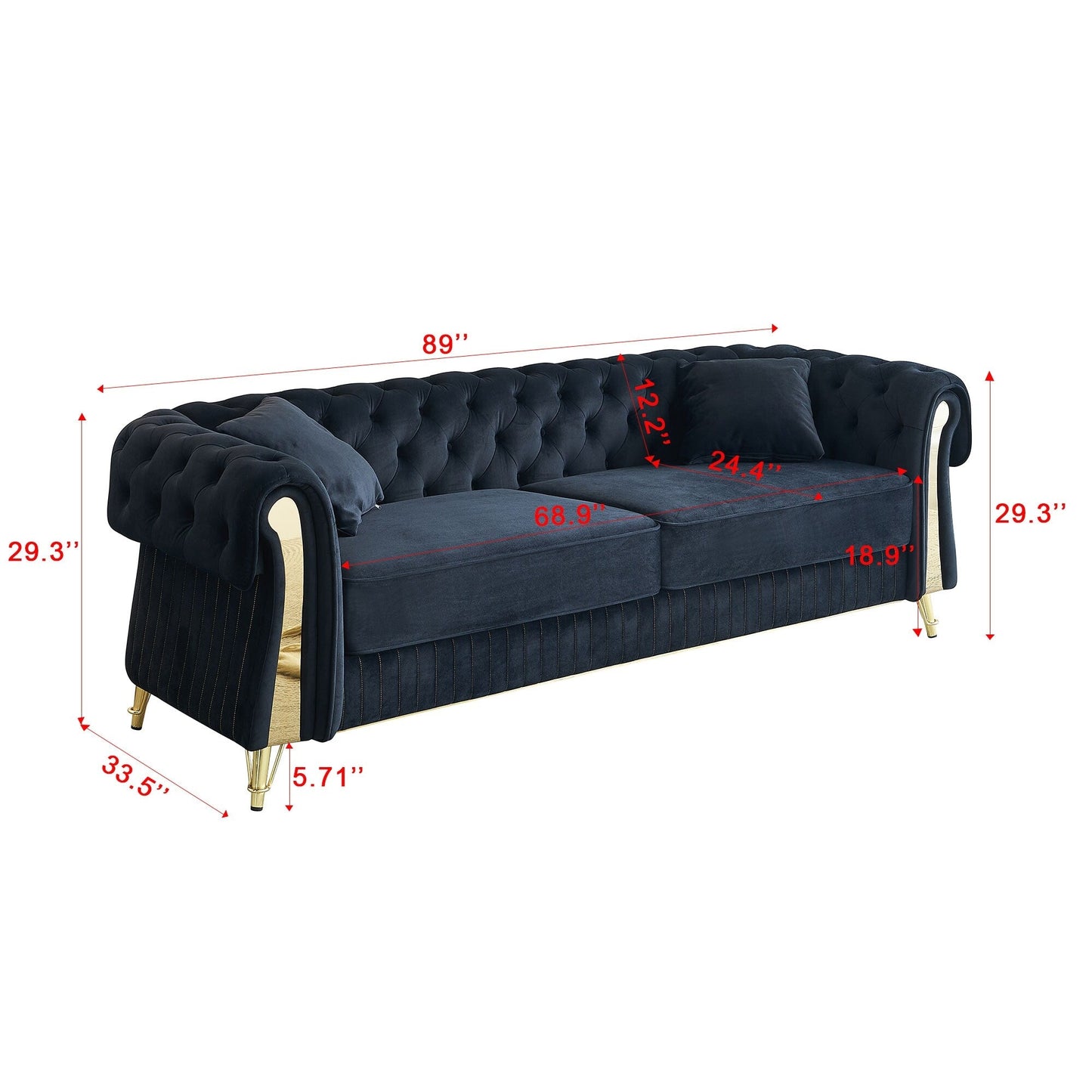Canapé 3 places en velours 89 avec deux coussins d'assise et deux coussins décoratifs.