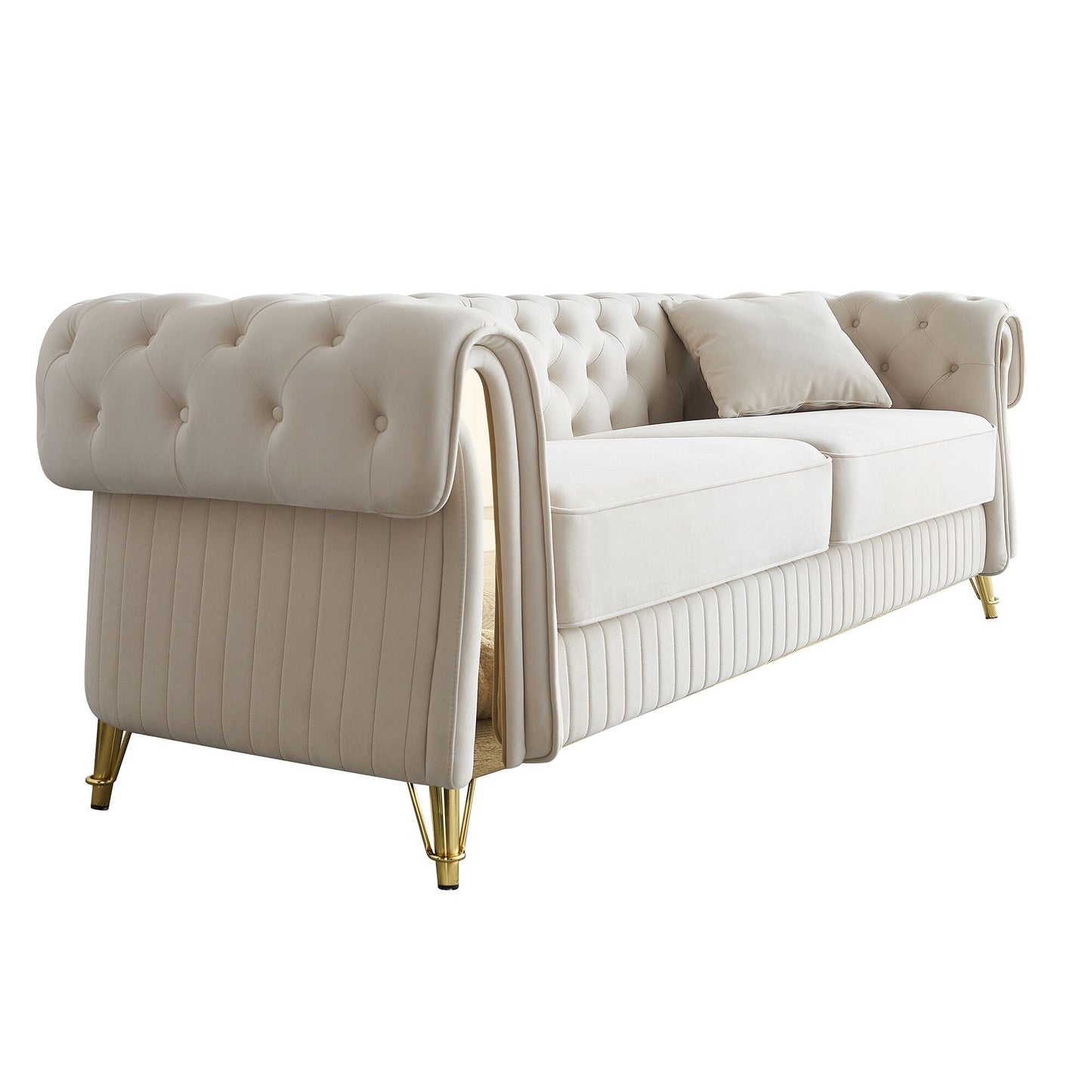 Canapé 3 places en velours 89 avec deux coussins d'assise et deux coussins décoratifs.