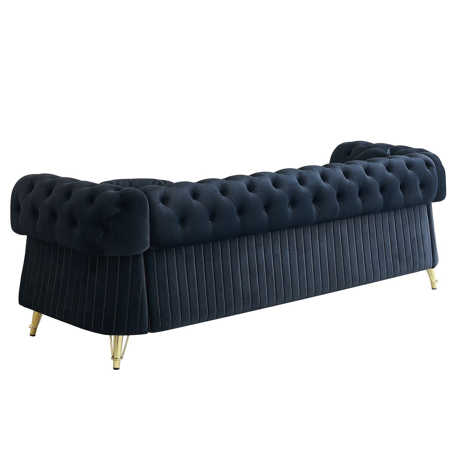 Canapé 3 places en velours 89 avec deux coussins d'assise et deux coussins décoratifs.