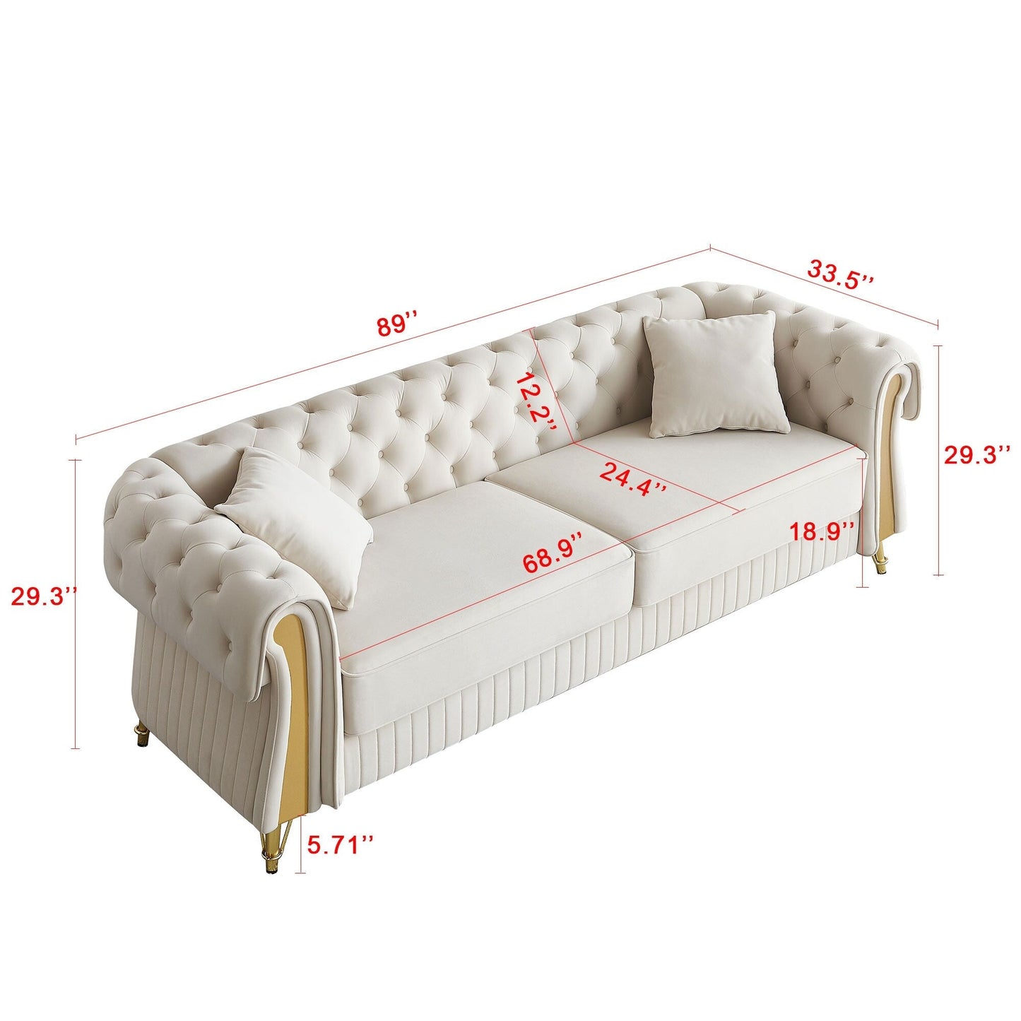 Canapé 3 places en velours 89 avec deux coussins d'assise et deux coussins décoratifs.