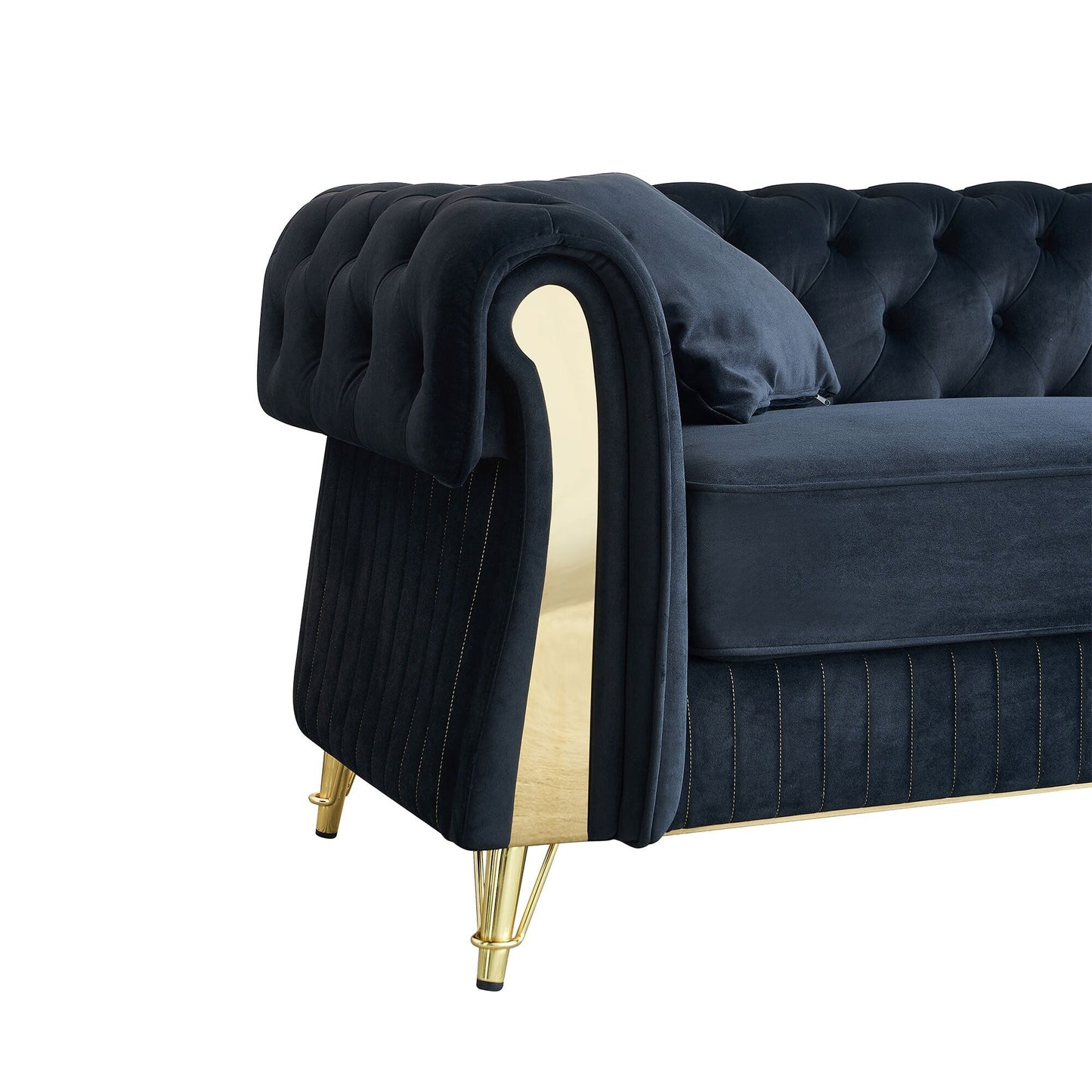 Canapé 3 places en velours 89 avec deux coussins d'assise et deux coussins décoratifs.