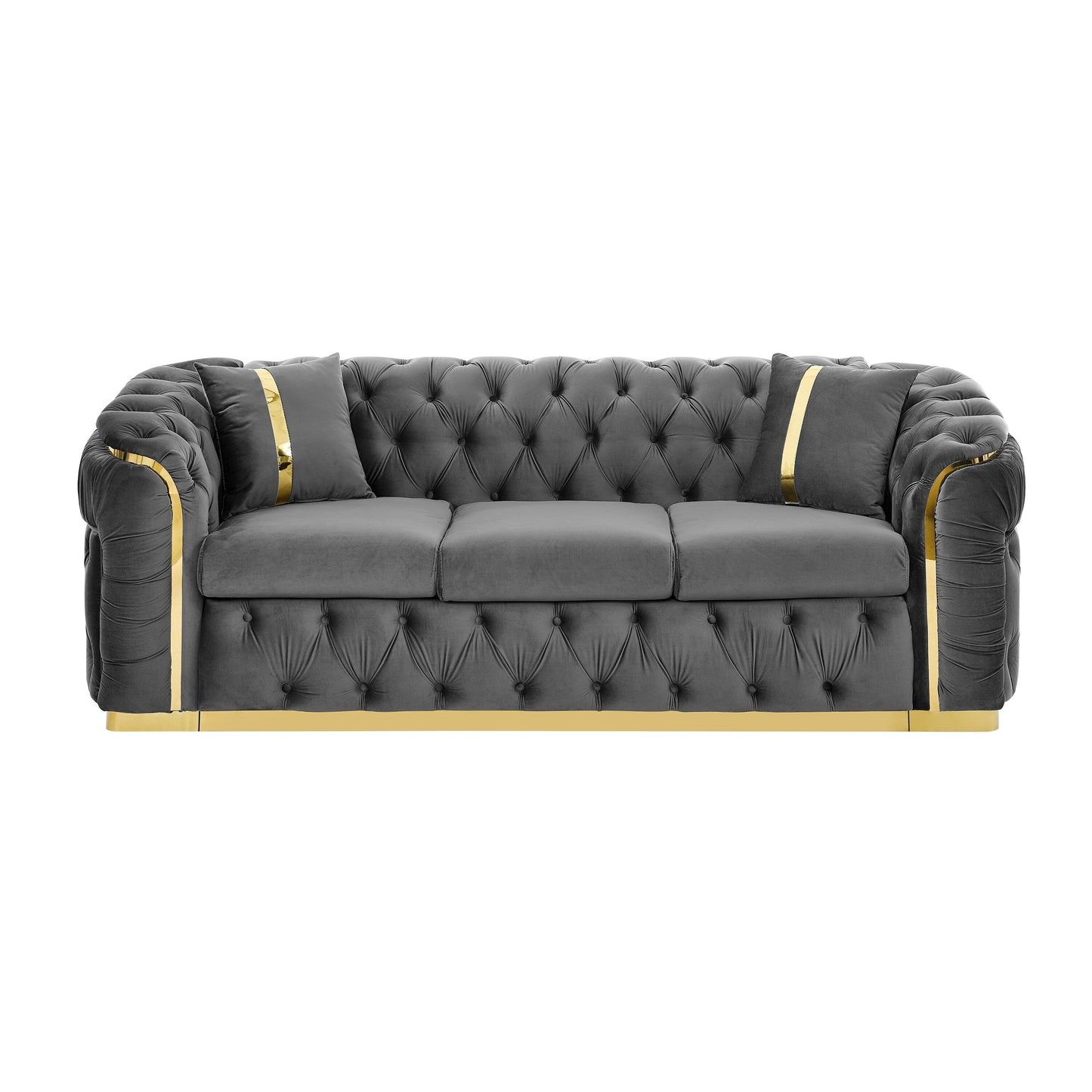 Canapé 3 places en velours 90.6 avec 2 coussins, coussins haute densité, accents dorés et oreillers
