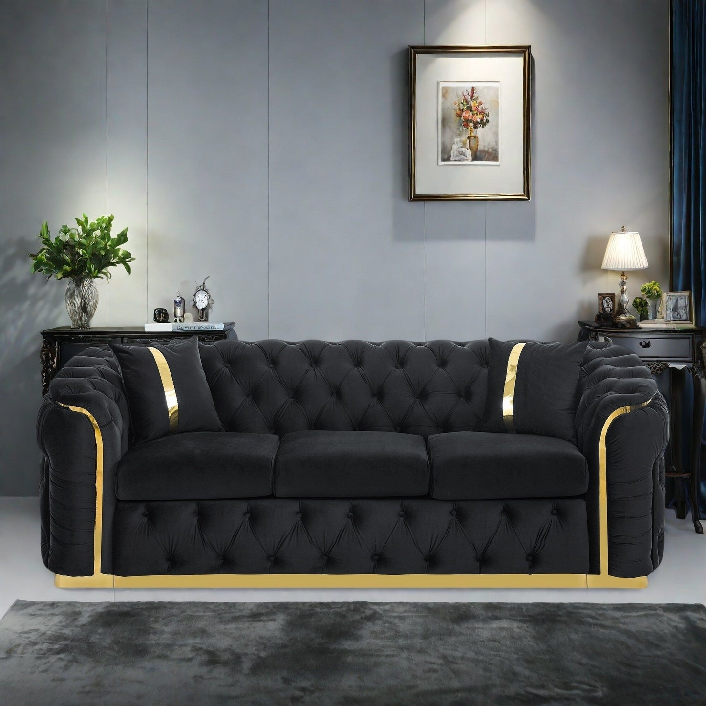 Canapé 3 places en velours 90.6 avec 2 coussins, coussins haute densité, accents dorés et oreillers