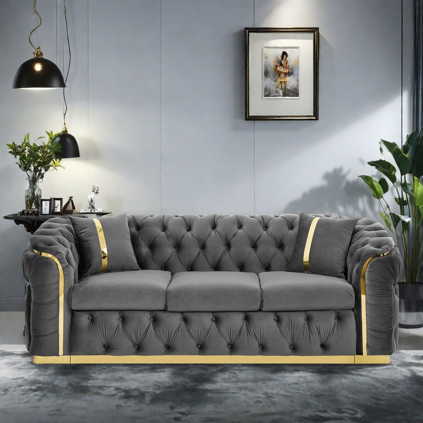 Canapé 3 places en velours 90.6 avec 2 coussins, coussins haute densité, accents dorés et oreillers