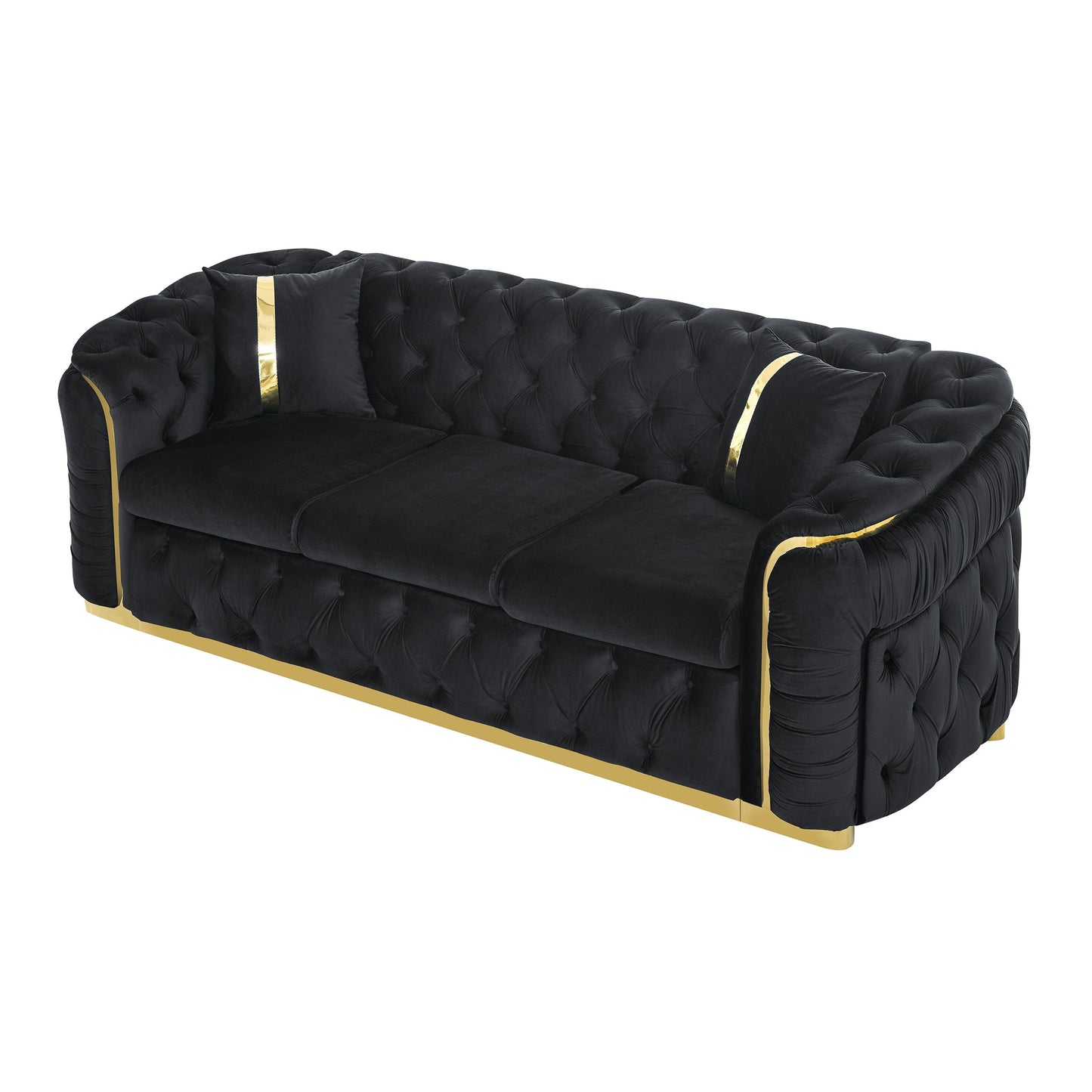 Canapé 3 places en velours 90.6 avec 2 coussins, coussins haute densité, accents dorés et oreillers