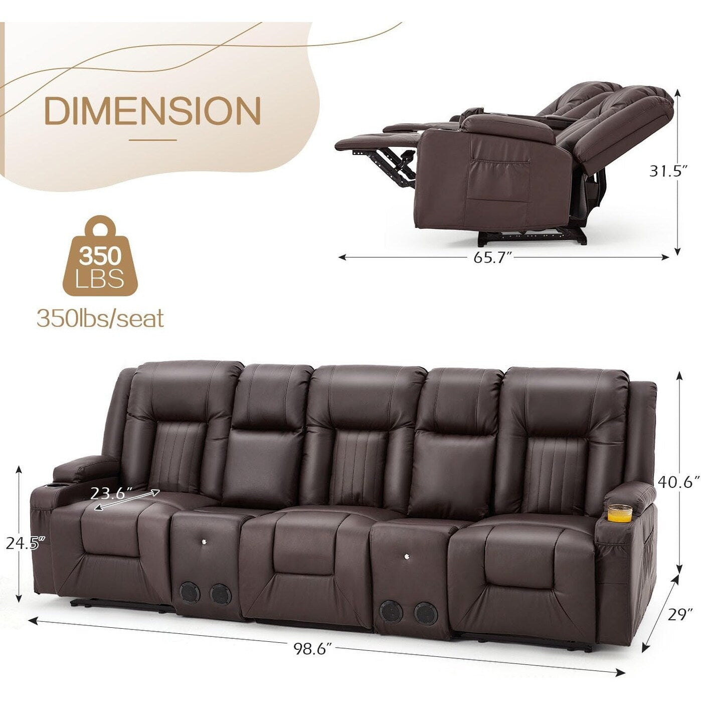 Canapé inclinable AECOJOY, manuel, pour camping-car, canapé inclinable en PU, avec console, pour salon familial.