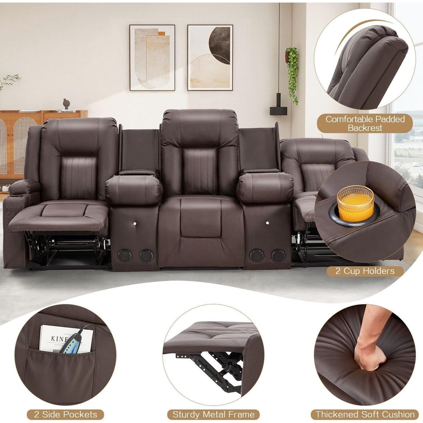 Canapé inclinable AECOJOY, manuel, pour camping-car, canapé inclinable en PU, avec console, pour salon familial.