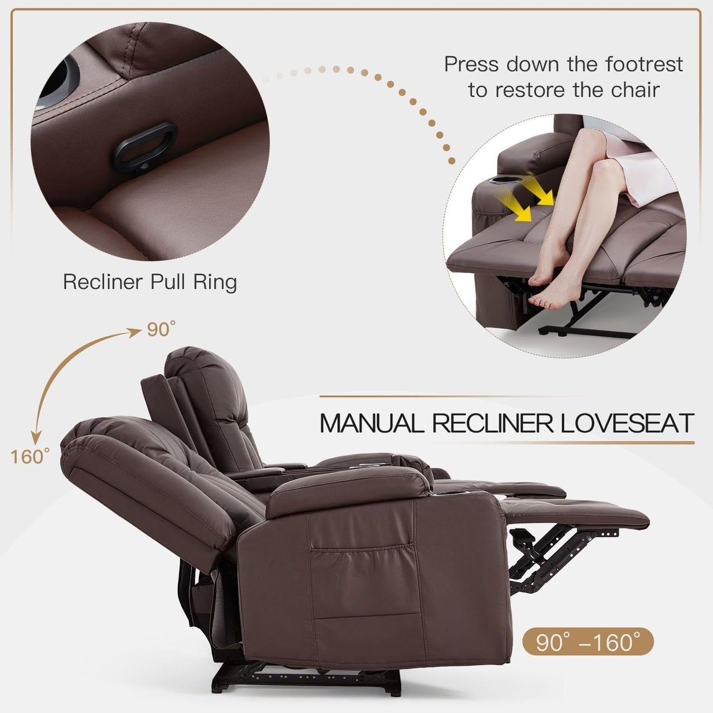 Canapé inclinable AECOJOY, manuel, pour camping-car, canapé inclinable en PU, avec console, pour salon familial.