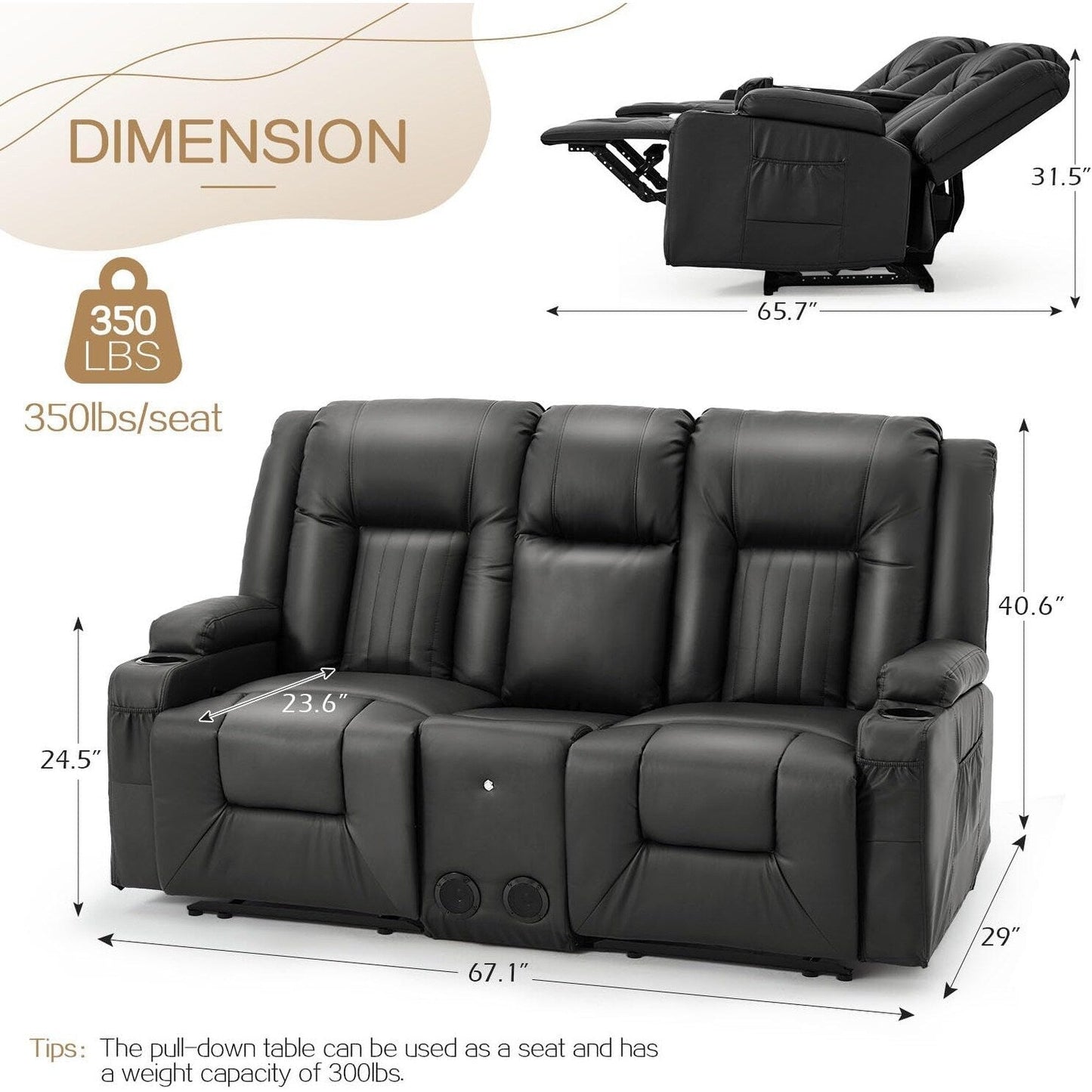 Canapé inclinable AECOJOY, manuel, pour camping-car, canapé inclinable en PU, avec console, pour salon familial.