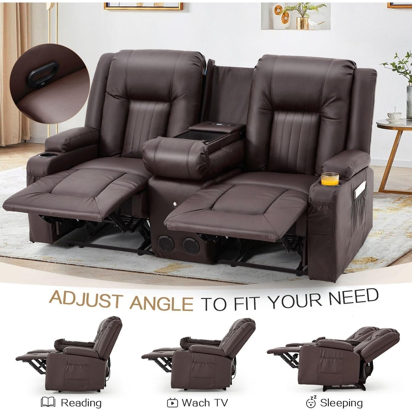 Canapé inclinable AECOJOY, manuel, pour camping-car, canapé inclinable en PU, avec console, pour salon familial.