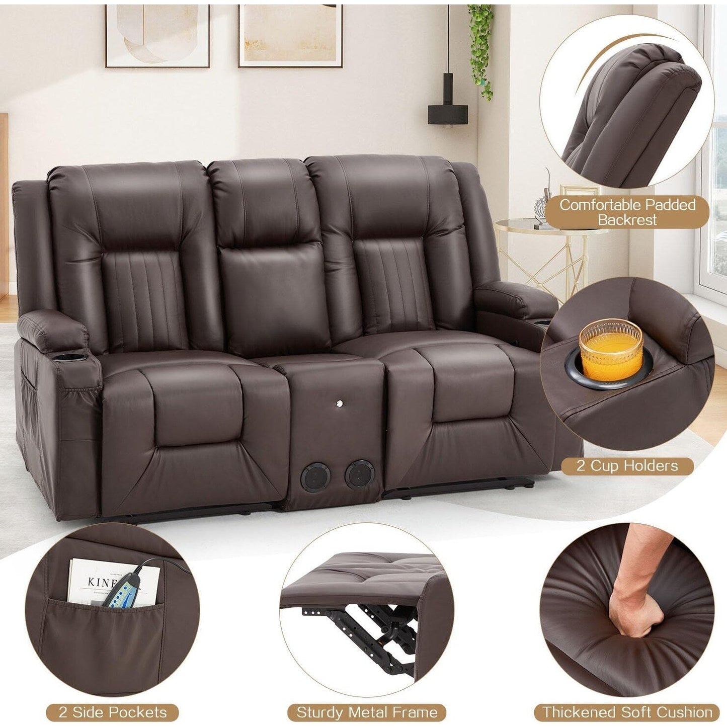 Canapé inclinable AECOJOY, manuel, pour camping-car, canapé inclinable en PU, avec console, pour salon familial.