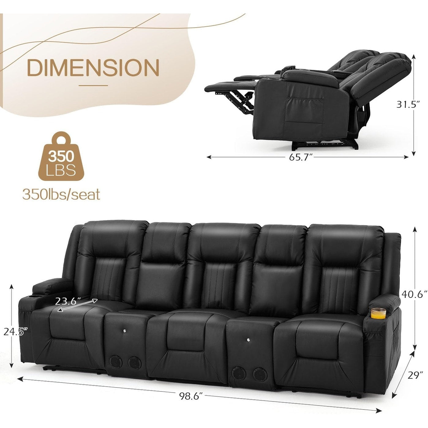 Canapé inclinable AECOJOY, manuel, pour camping-car, canapé inclinable en PU, avec console, pour salon familial.