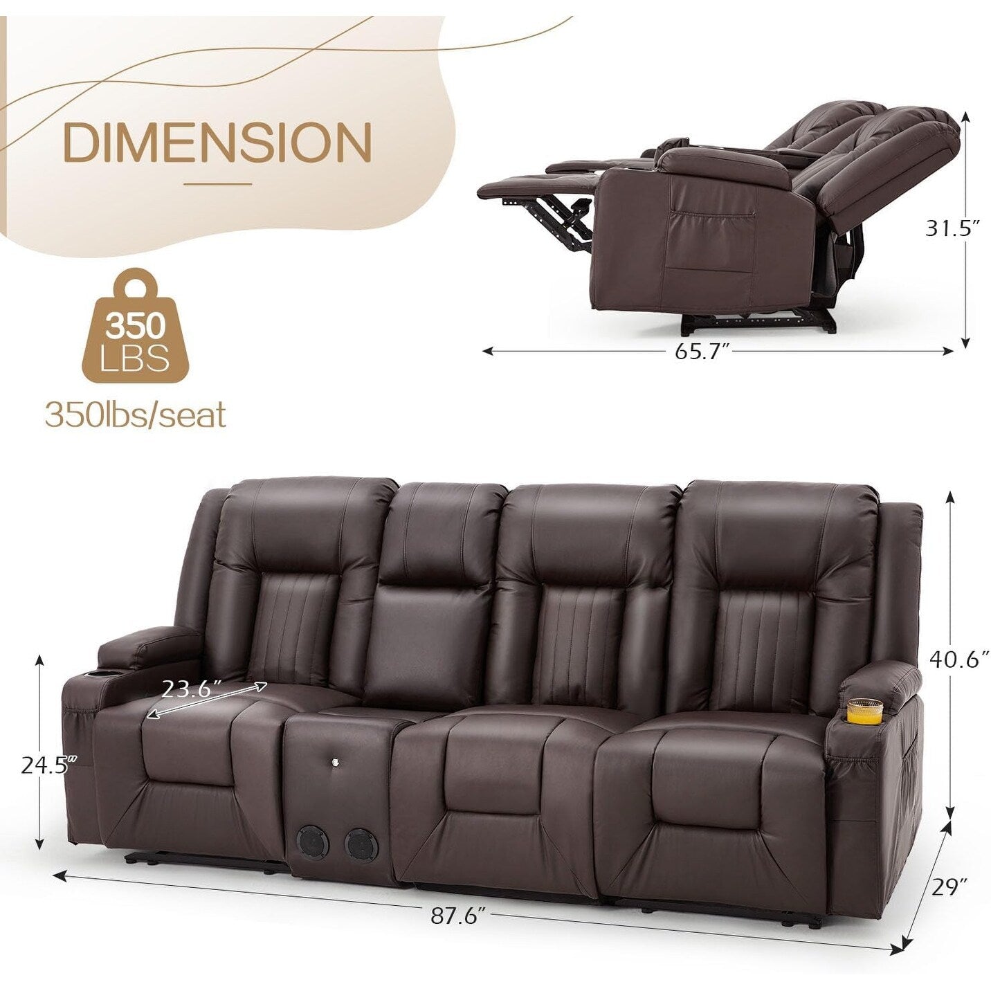 Canapé inclinable AECOJOY, manuel, pour camping-car, canapé inclinable en PU, avec console, pour salon familial.