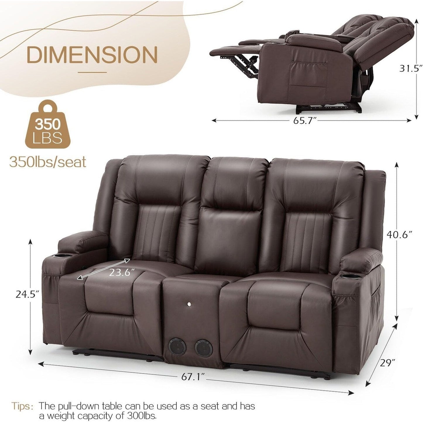 Canapé inclinable AECOJOY, manuel, pour camping-car, canapé inclinable en PU, avec console, pour salon familial.