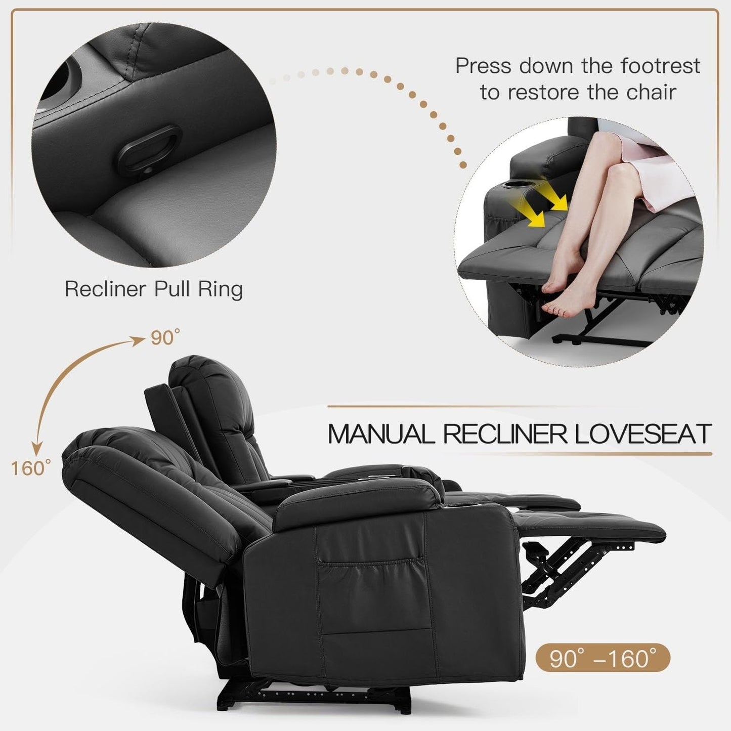 Canapé inclinable AECOJOY, manuel, pour camping-car, canapé inclinable en PU, avec console, pour salon familial.