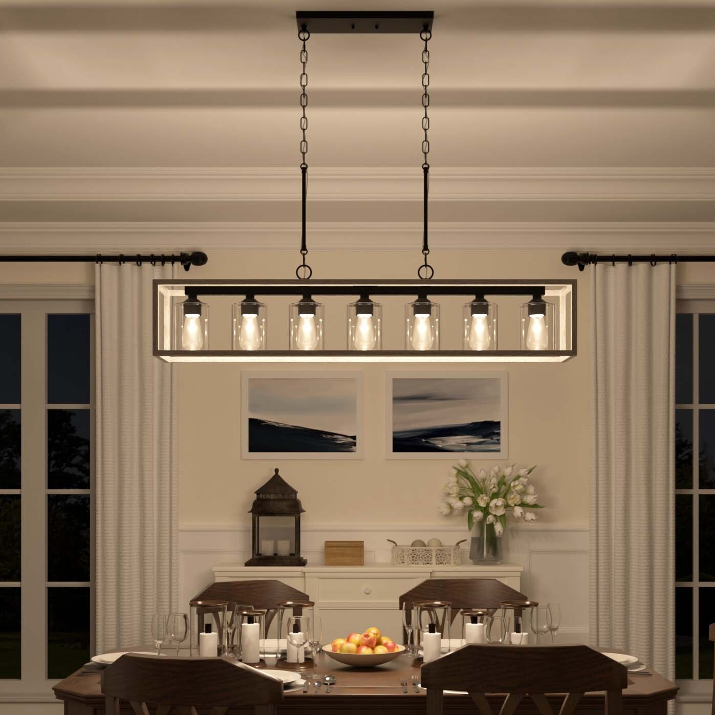 Suspension rectangulaire à 7 lumières Allegray de 52 pouces, style farmhouse, pour îlot de cuisine