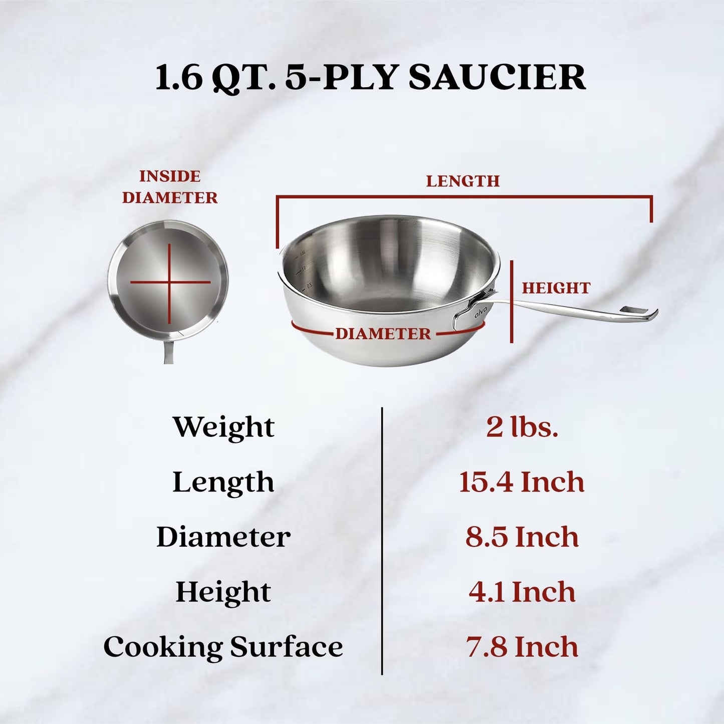 Casserole à sauce Alva Maestro en acier inoxydable 5 plis - 1,6 Qt. Non toxique