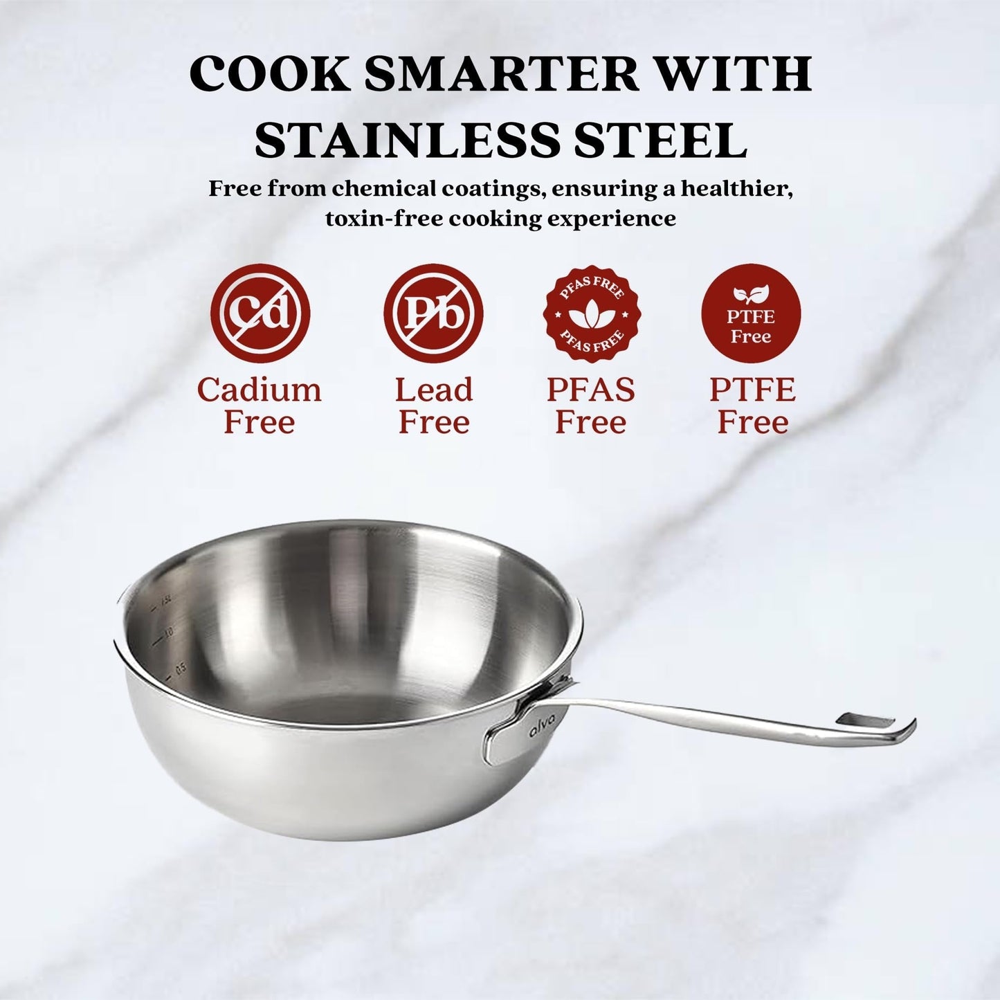 Casserole à sauce Alva Maestro en acier inoxydable 5 plis - 1,6 Qt. Non toxique