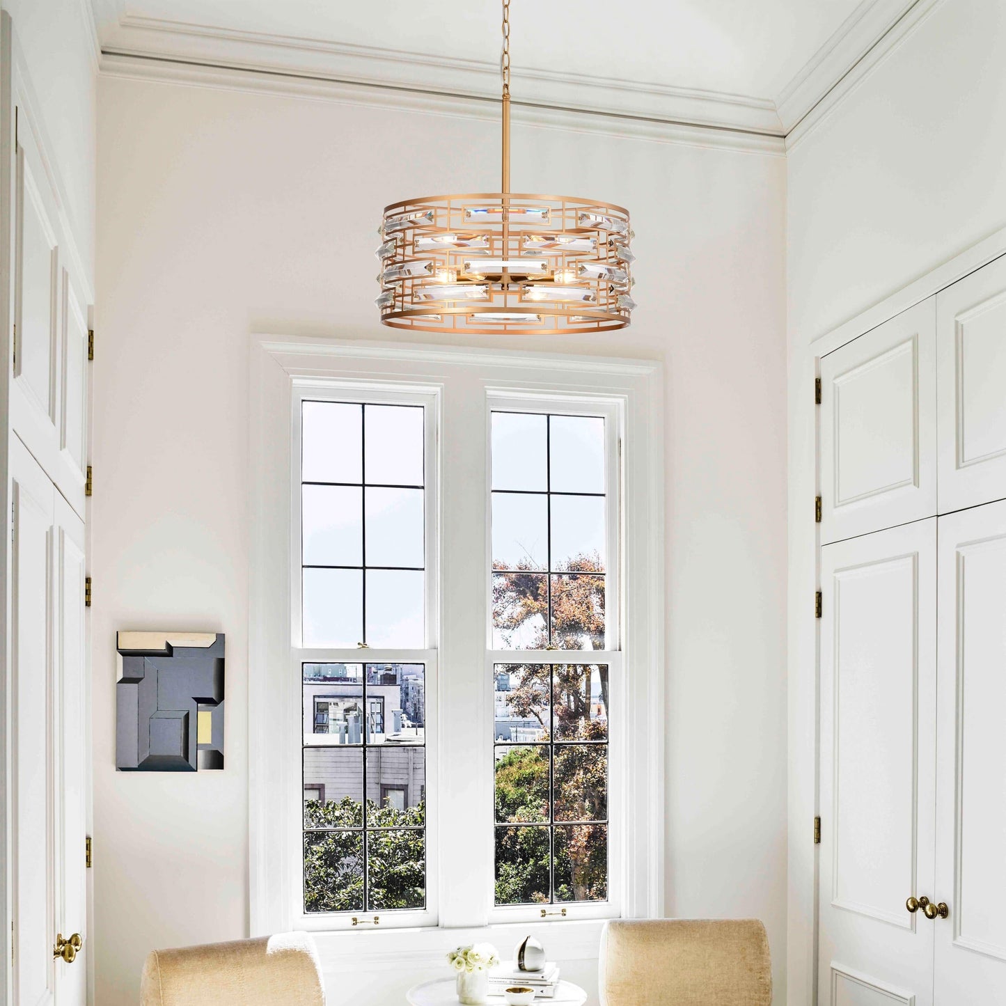 Suspension Anita avec abat-jour tambour et prismes en verre transparent