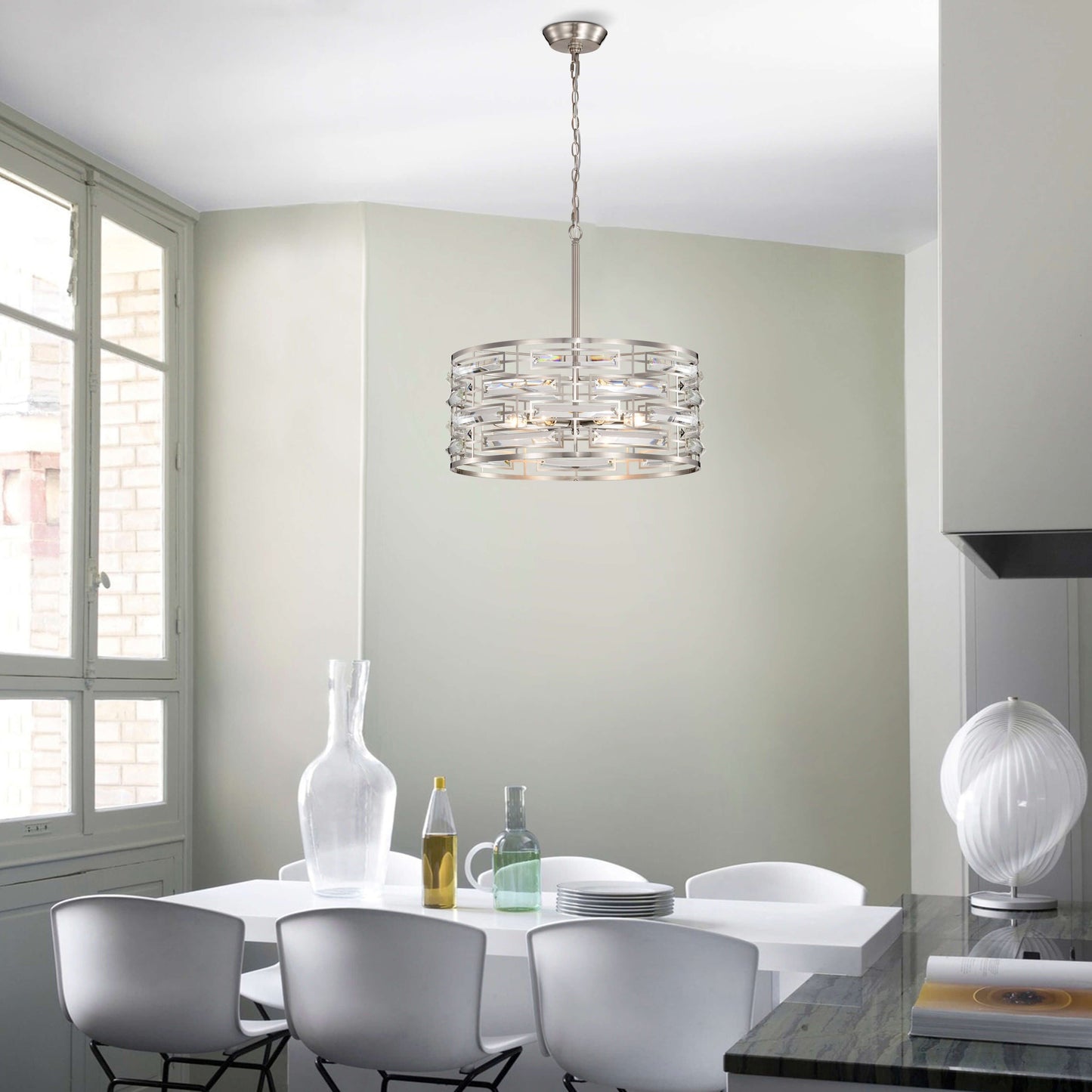 Suspension Anita avec abat-jour tambour et prismes en verre transparent