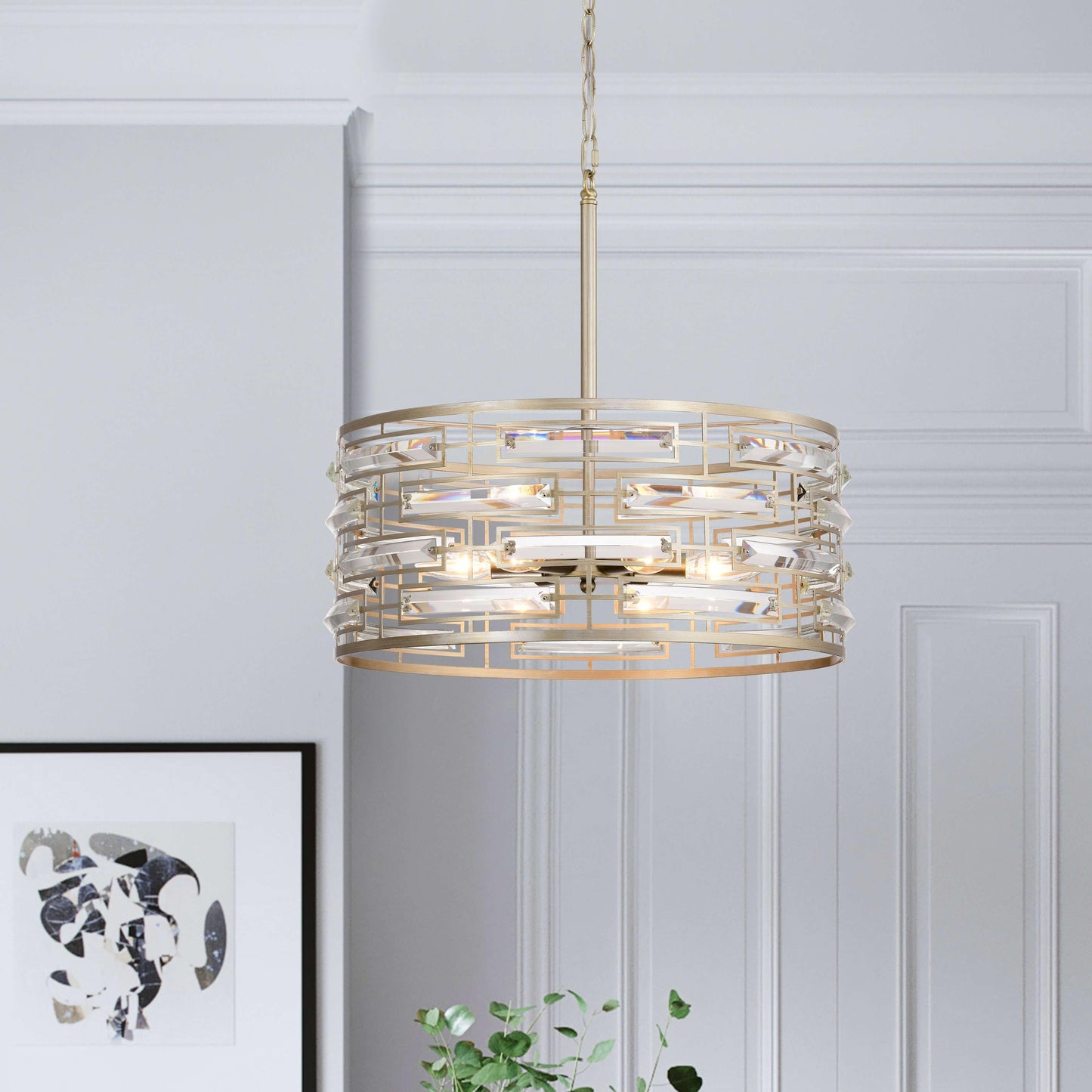 Suspension Anita avec abat-jour tambour et prismes en verre transparent