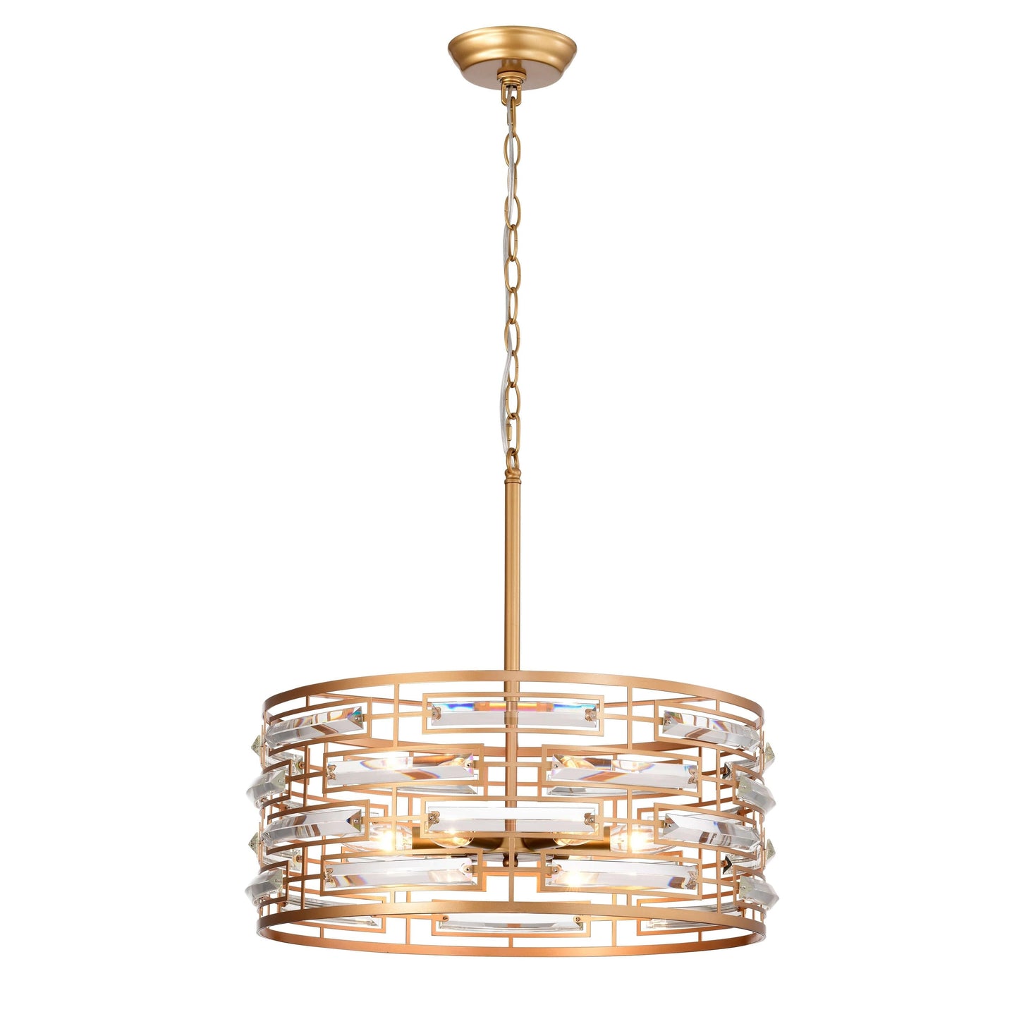 Suspension Anita avec abat-jour tambour et prismes en verre transparent