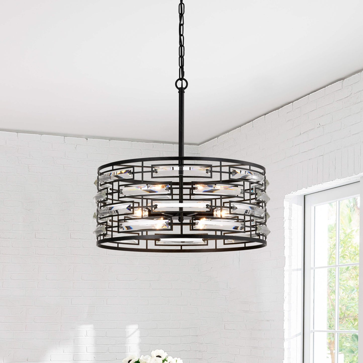 Suspension Anita avec abat-jour tambour et prismes en verre transparent