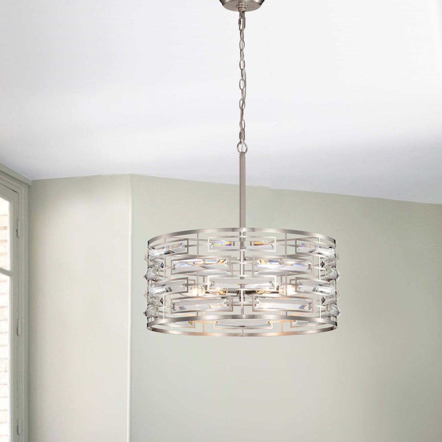 Suspension Anita avec abat-jour tambour et prismes en verre transparent