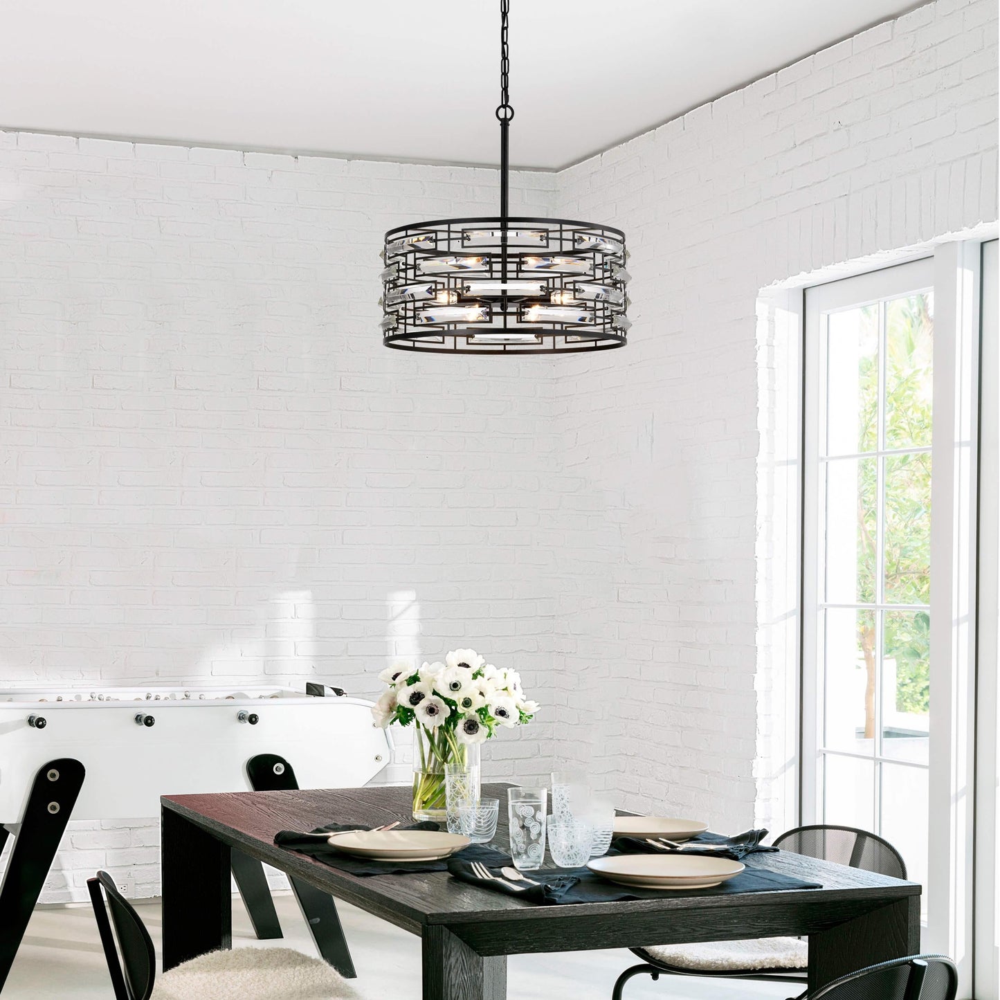 Suspension Anita avec abat-jour tambour et prismes en verre transparent