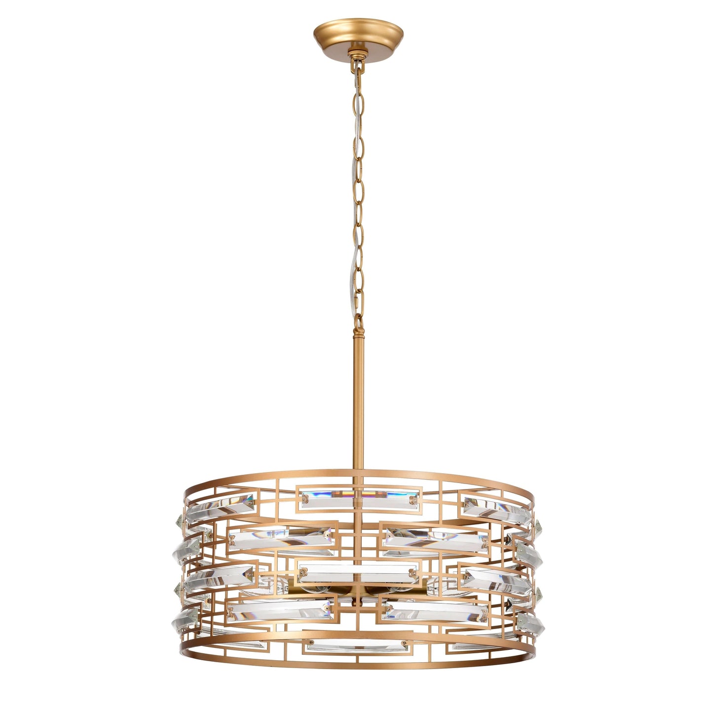 Suspension Anita avec abat-jour tambour et prismes en verre transparent