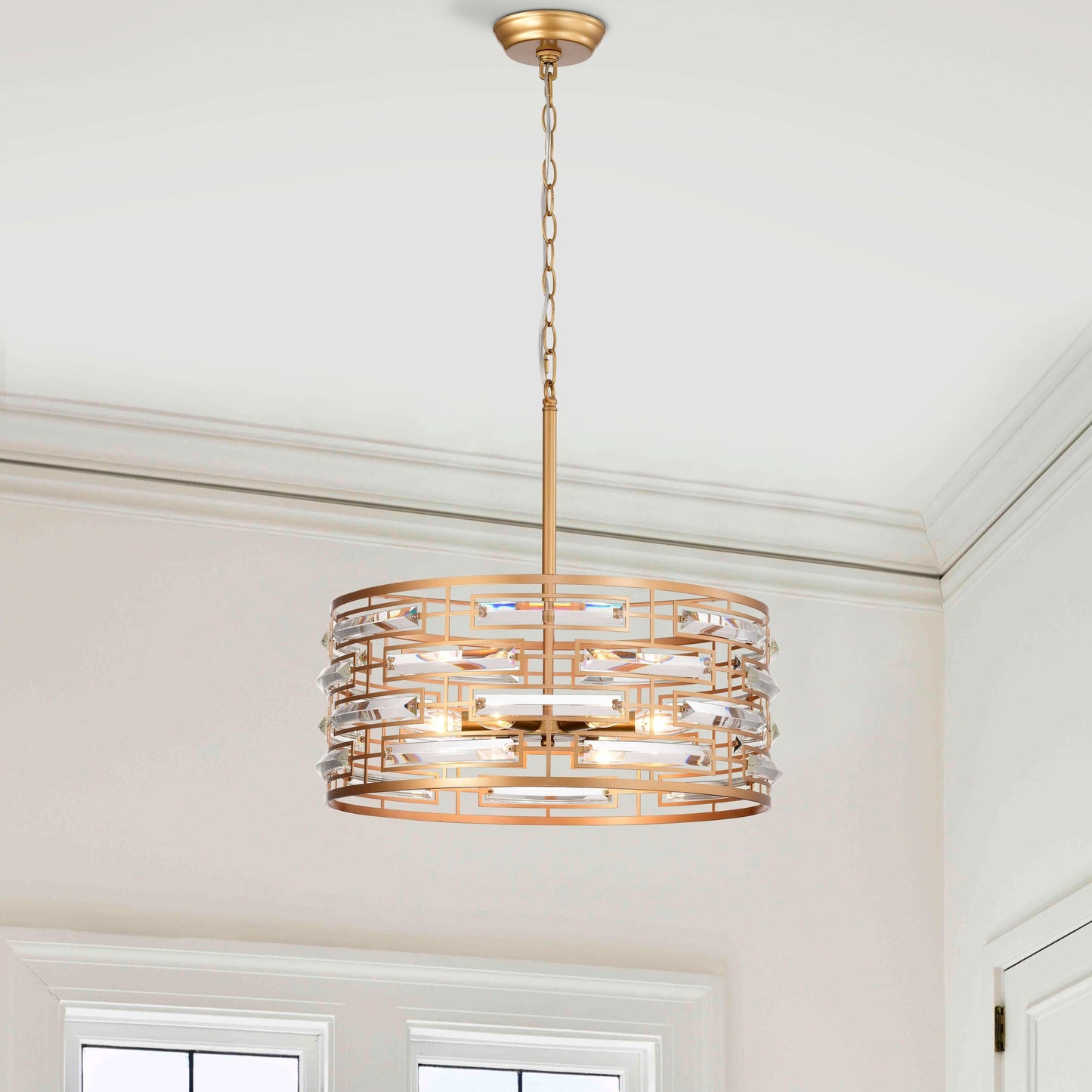 Suspension Anita avec abat-jour tambour et prismes en verre transparent