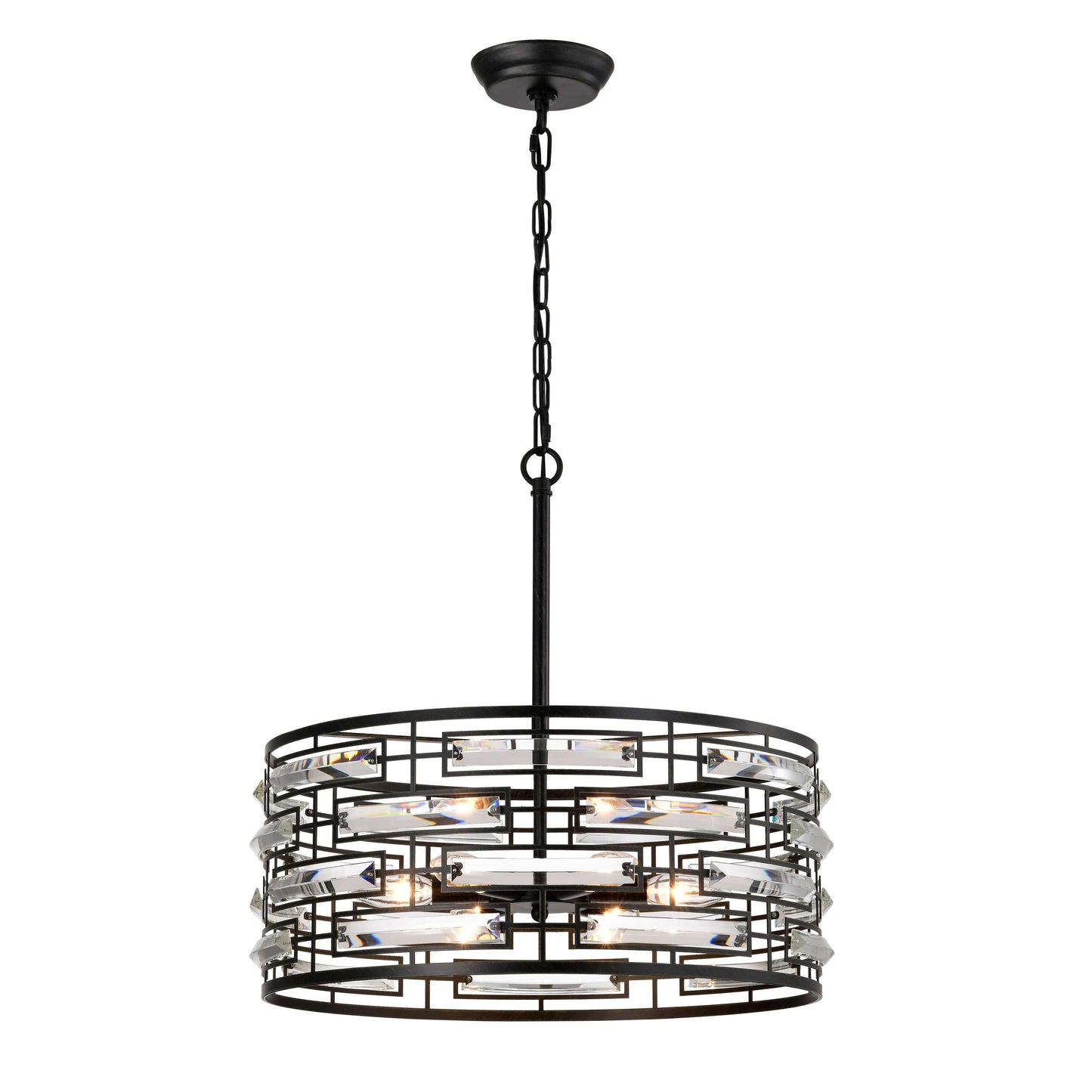 Suspension Anita avec abat-jour tambour et prismes en verre transparent