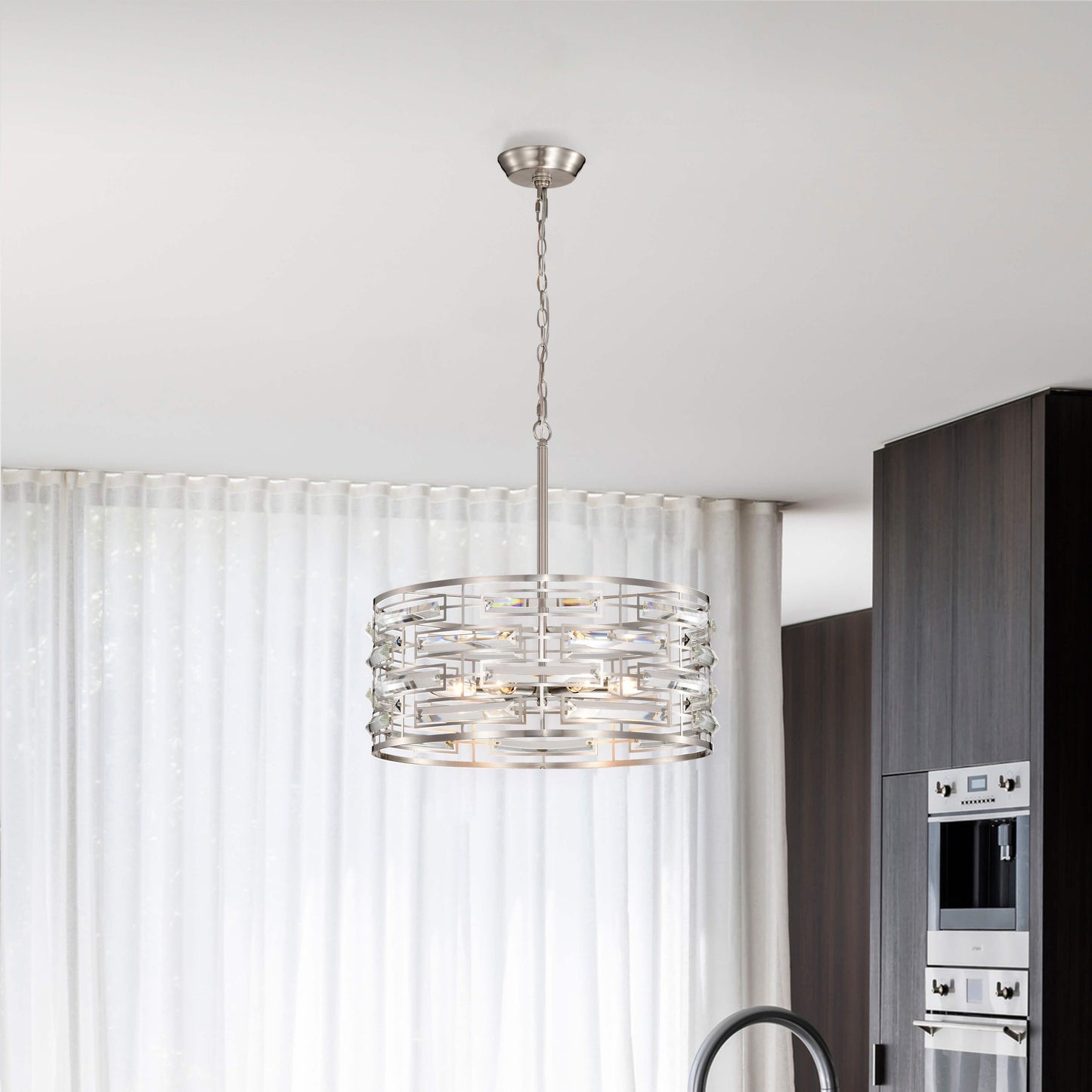 Suspension Anita avec abat-jour tambour et prismes en verre transparent