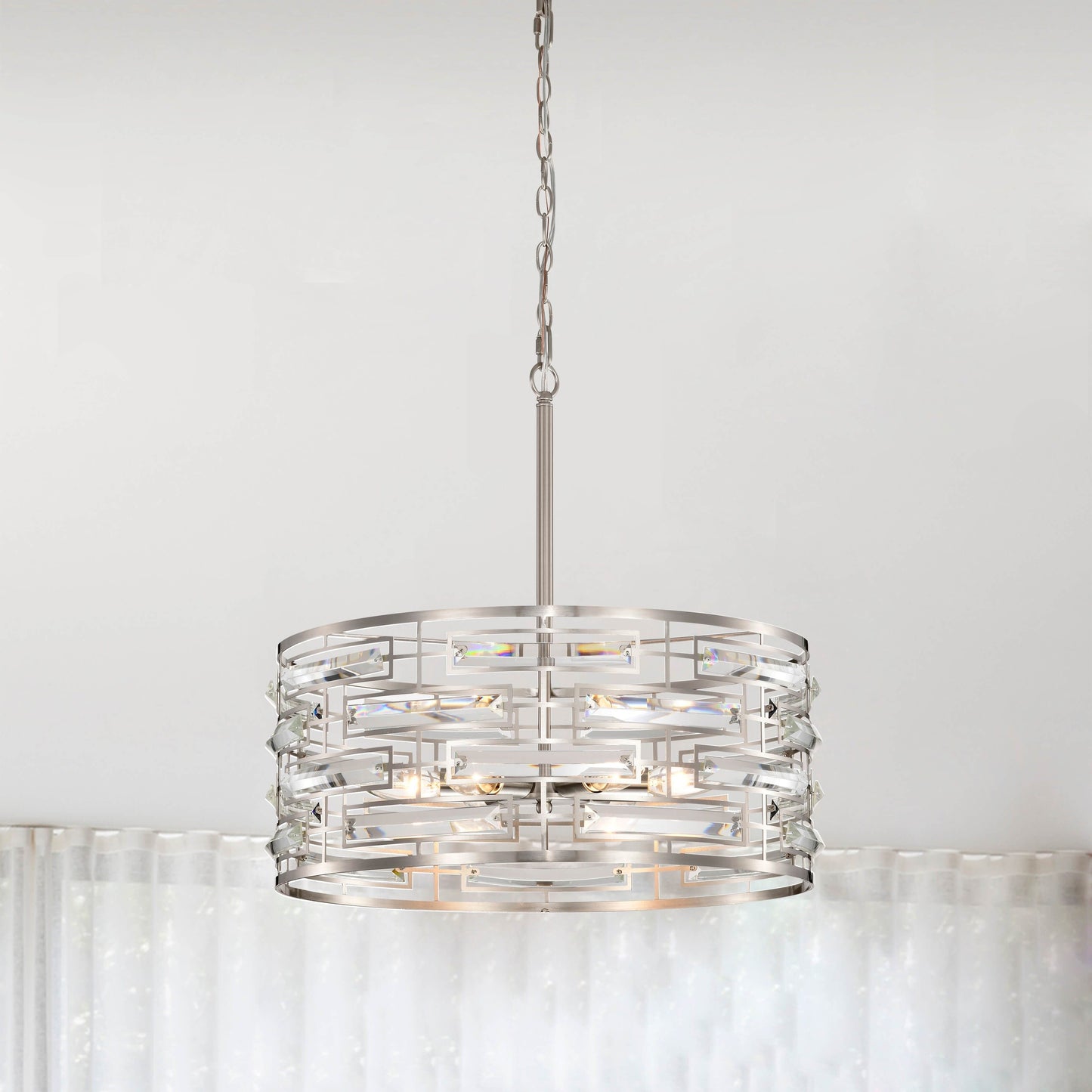 Suspension Anita avec abat-jour tambour et prismes en verre transparent