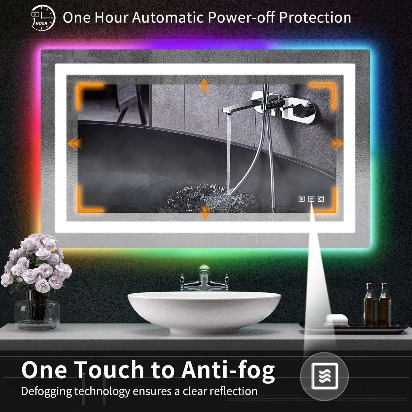 Miroir de salle de bain antibuée avec rétroéclairage RGB et éclairage LED frontal