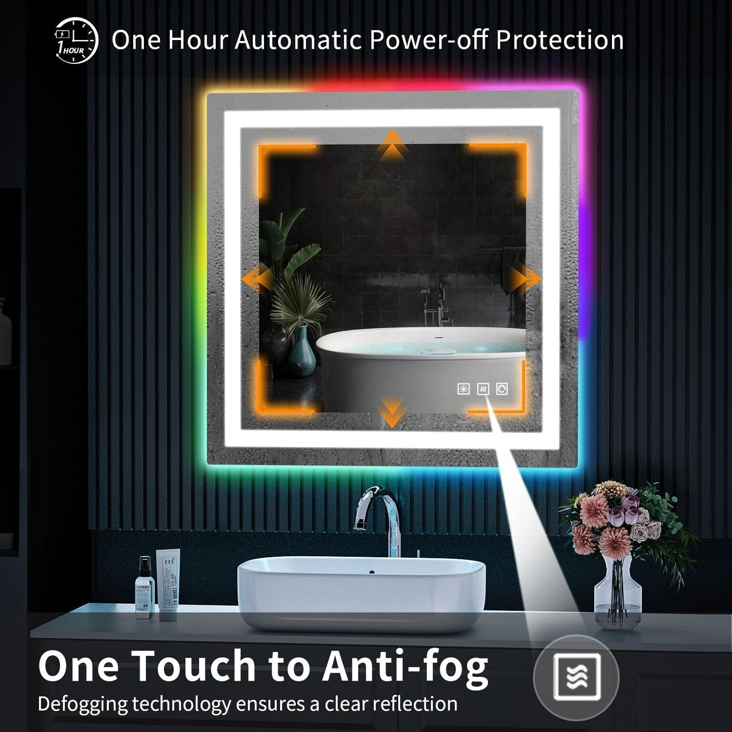 Miroir de salle de bain antibuée avec rétroéclairage RGB et éclairage LED frontal