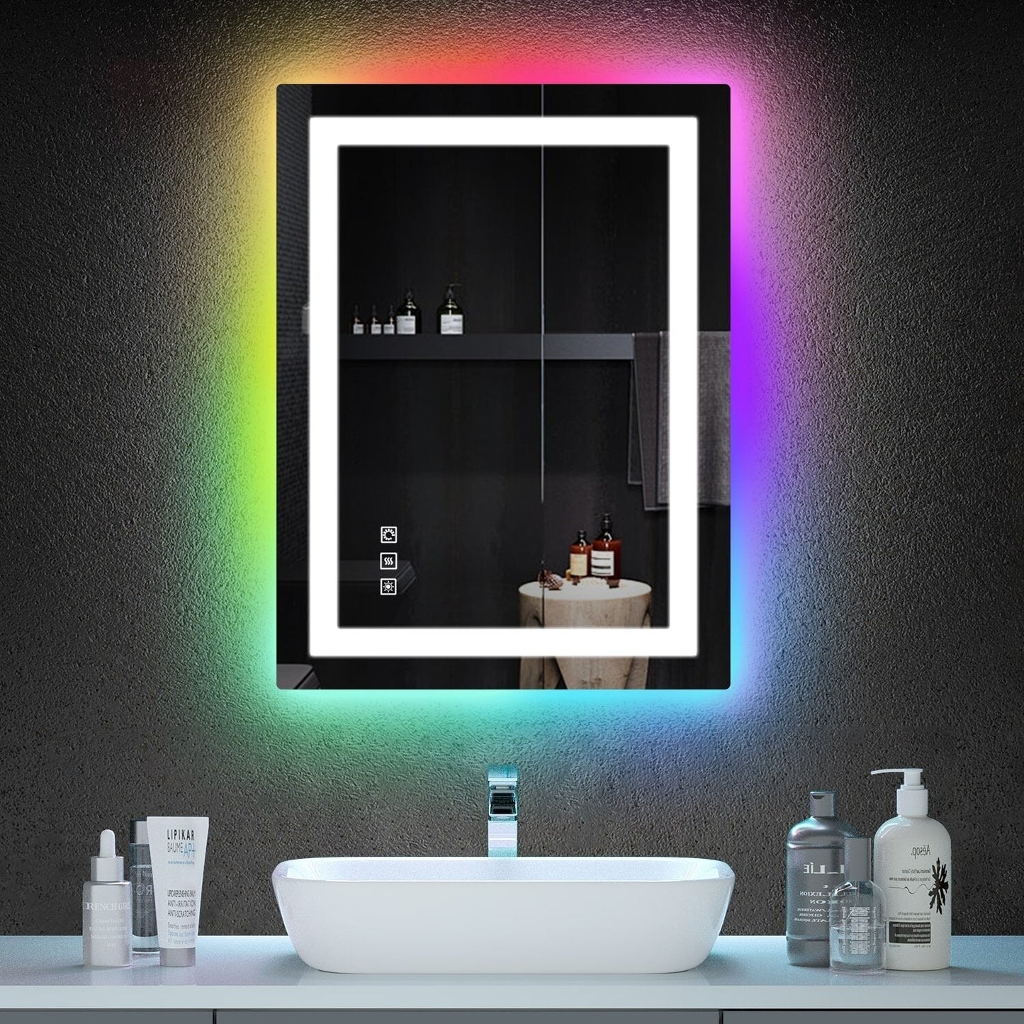 Miroir de salle de bain antibuée avec rétroéclairage RGB et éclairage LED frontal