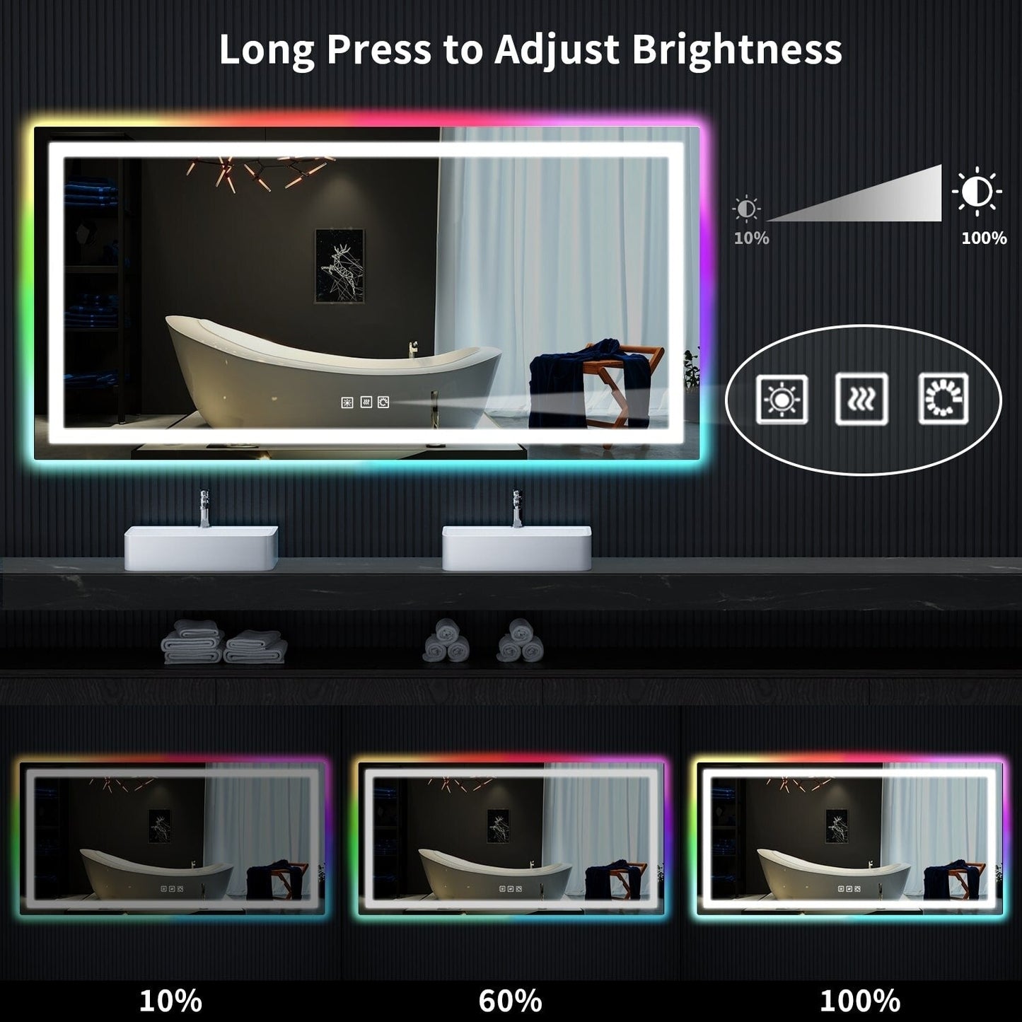 Miroir de salle de bain antibuée avec rétroéclairage RGB et éclairage LED frontal