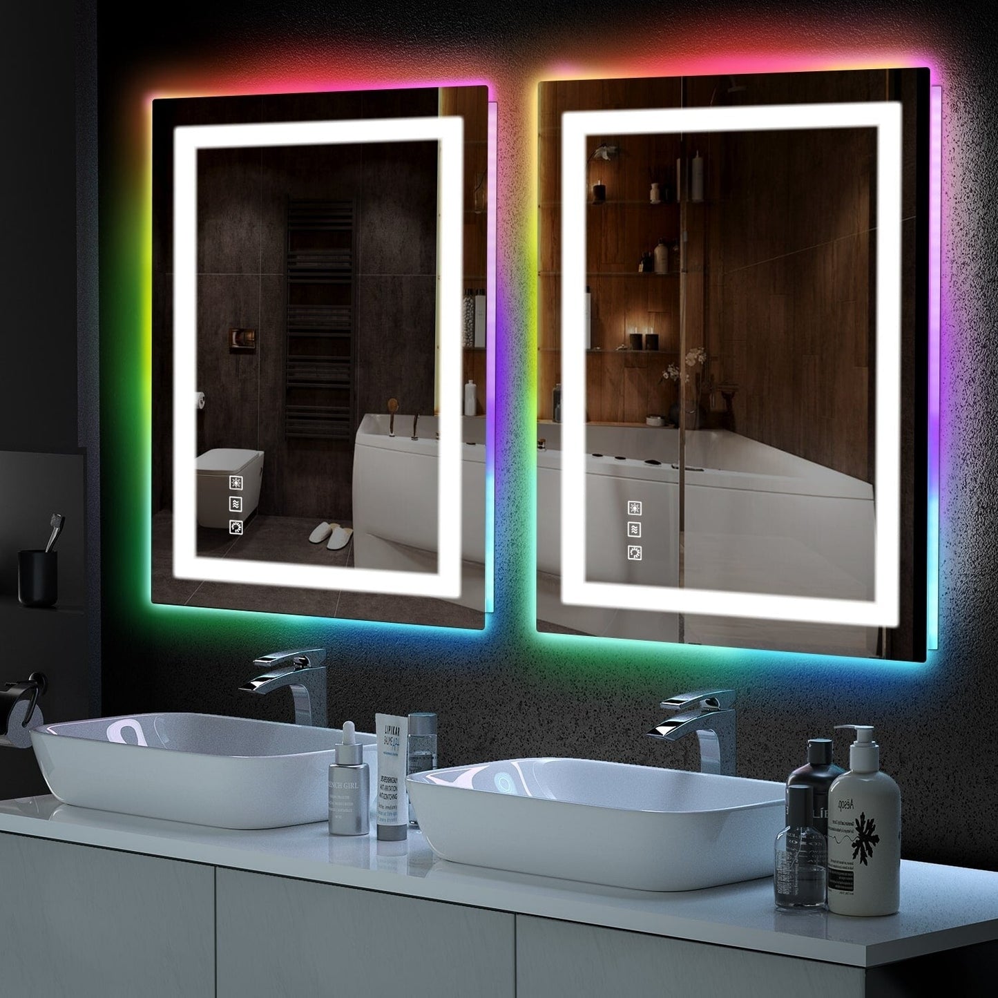 Miroir de salle de bain antibuée avec rétroéclairage RGB et éclairage LED frontal