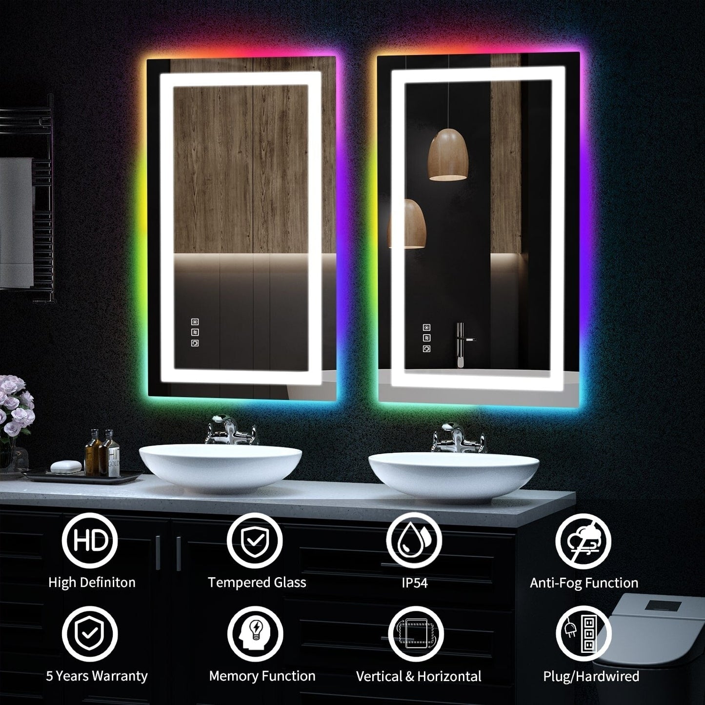 Miroir de salle de bain antibuée avec rétroéclairage RGB et éclairage LED frontal