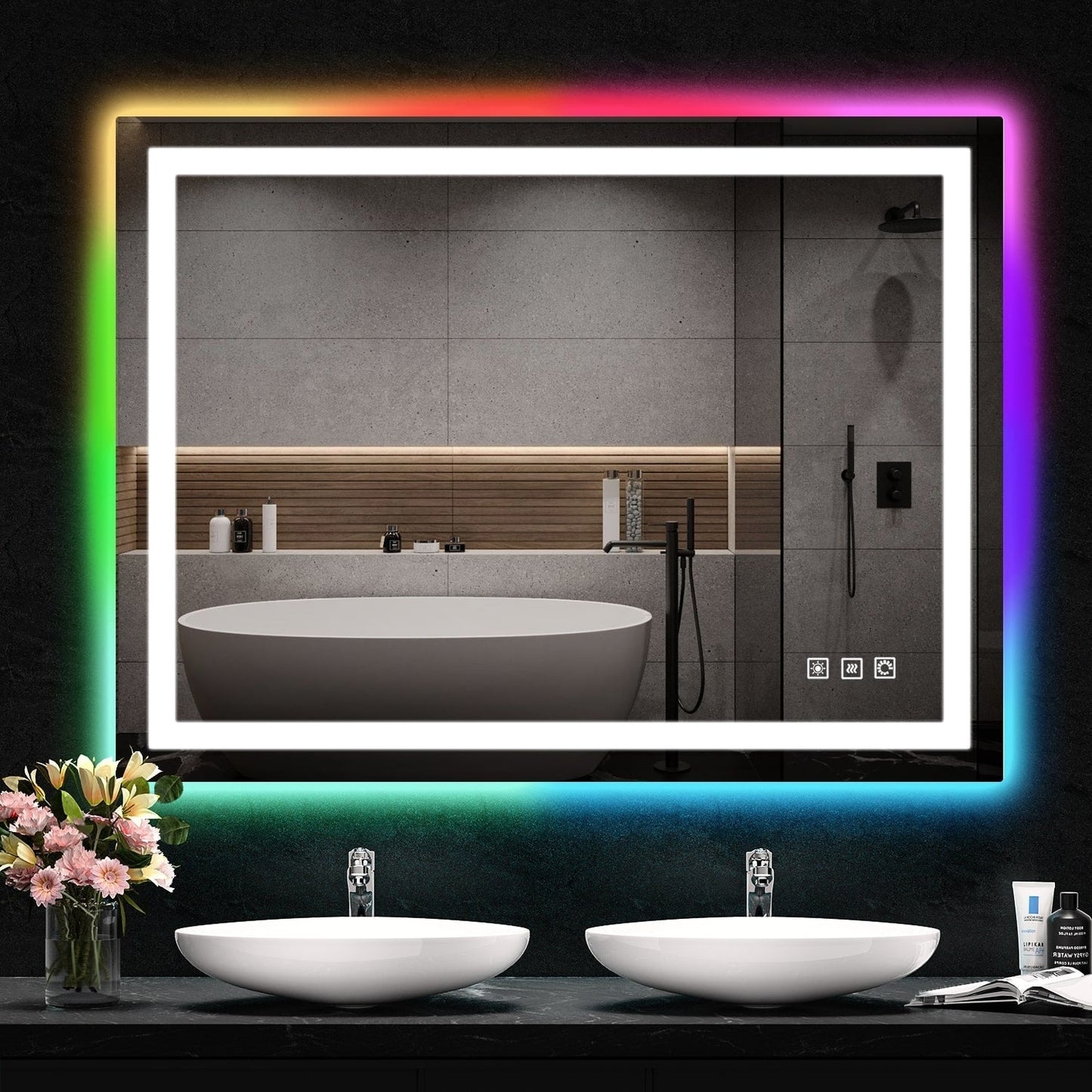 Miroir de salle de bain antibuée avec rétroéclairage RGB et éclairage LED frontal