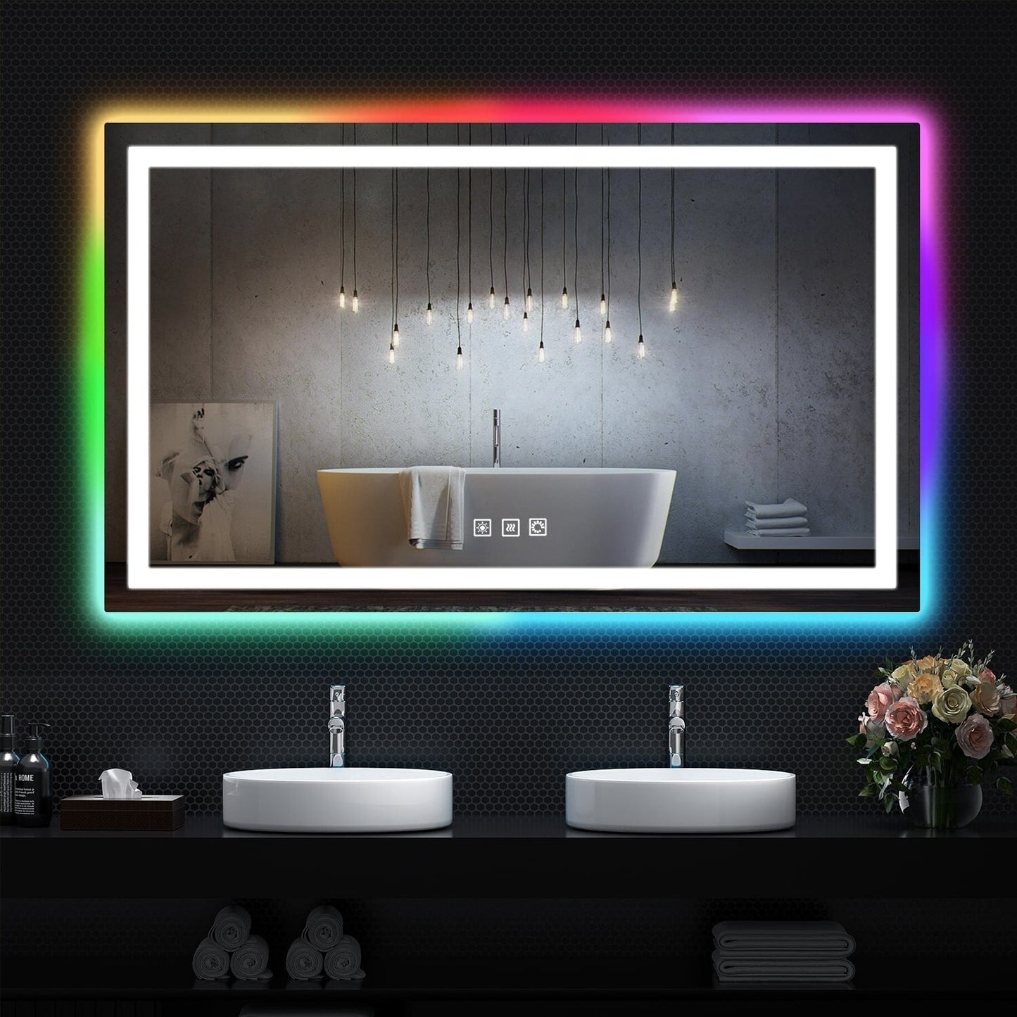 Miroir de salle de bain antibuée avec rétroéclairage RGB et éclairage LED frontal