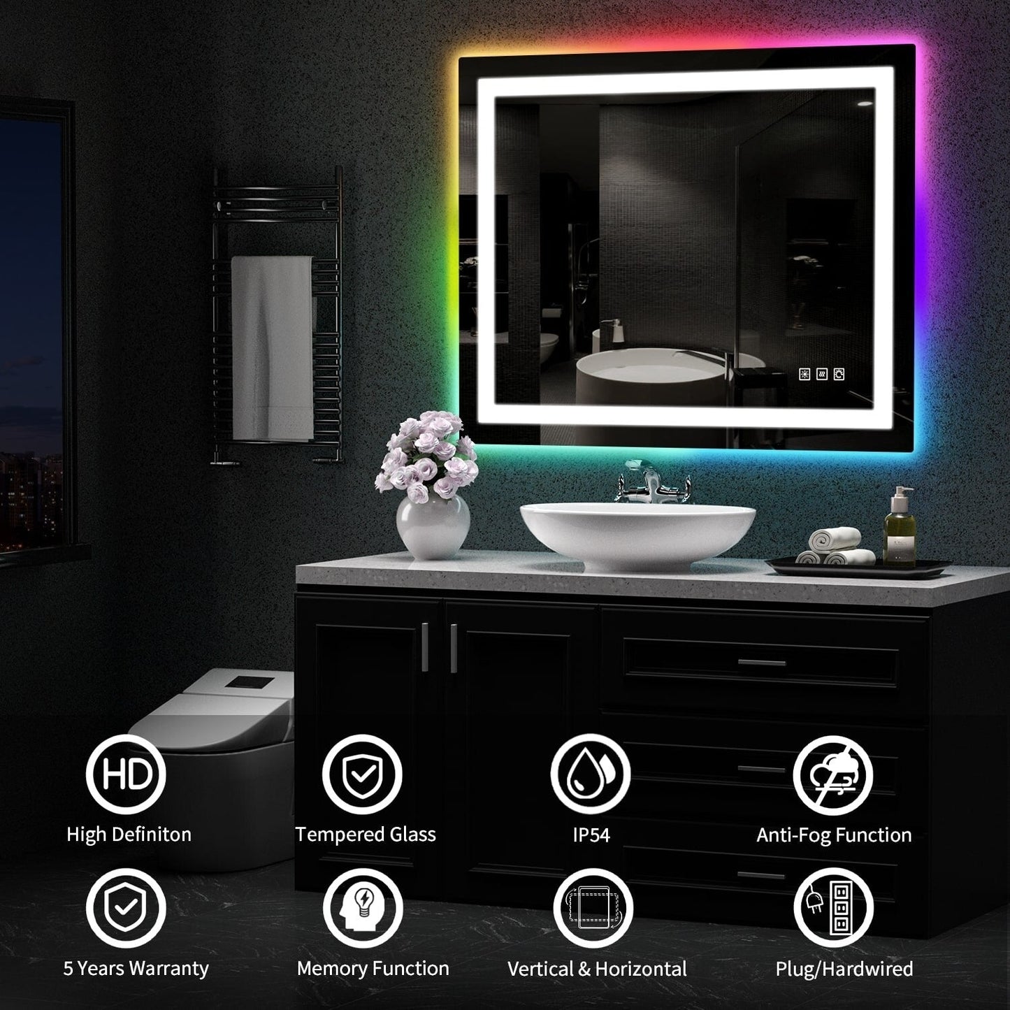 Miroir de salle de bain antibuée avec rétroéclairage RGB et éclairage LED frontal