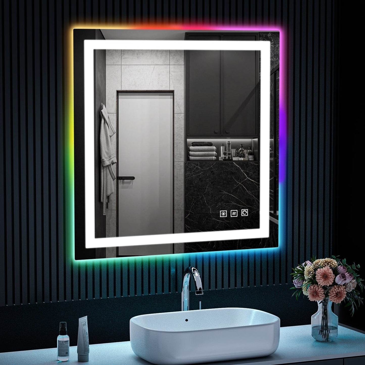 Miroir de salle de bain antibuée avec rétroéclairage RGB et éclairage LED frontal