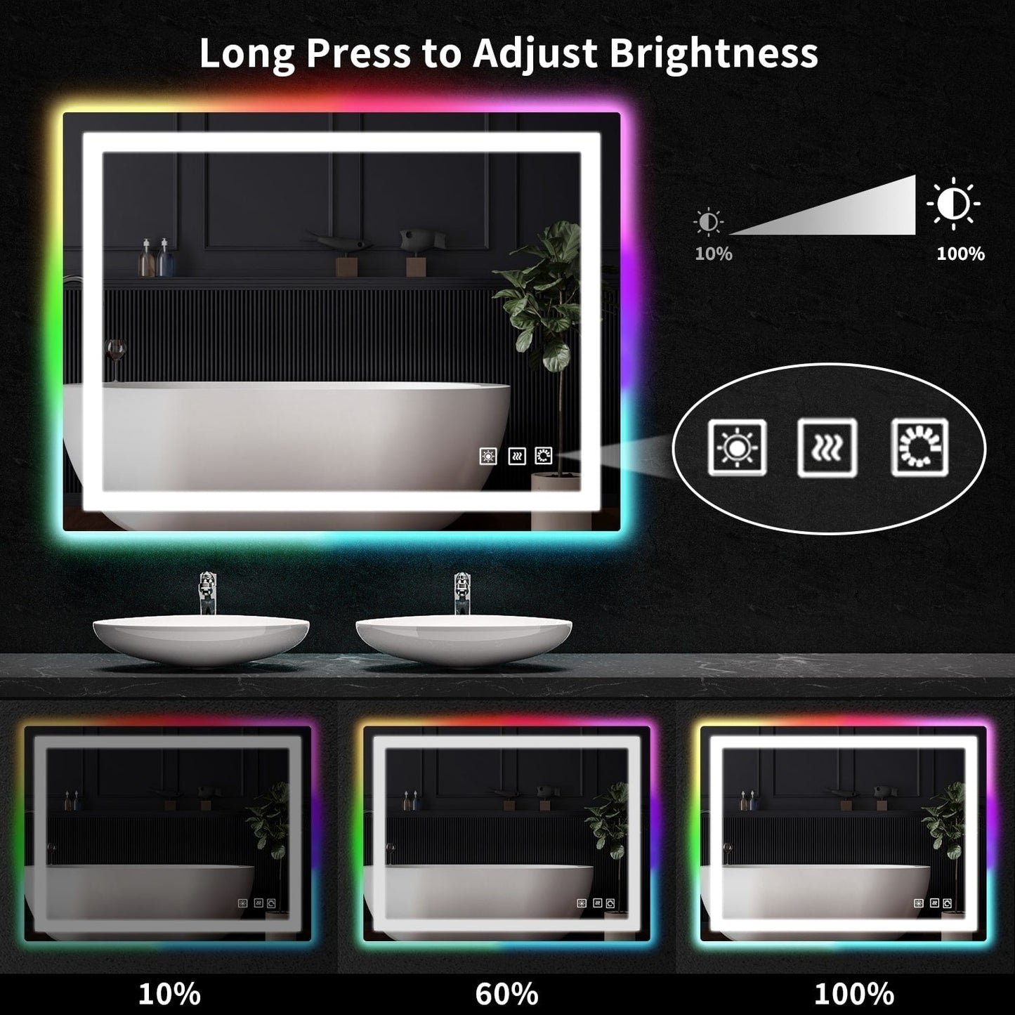 Miroir de salle de bain antibuée avec rétroéclairage RGB et éclairage LED frontal