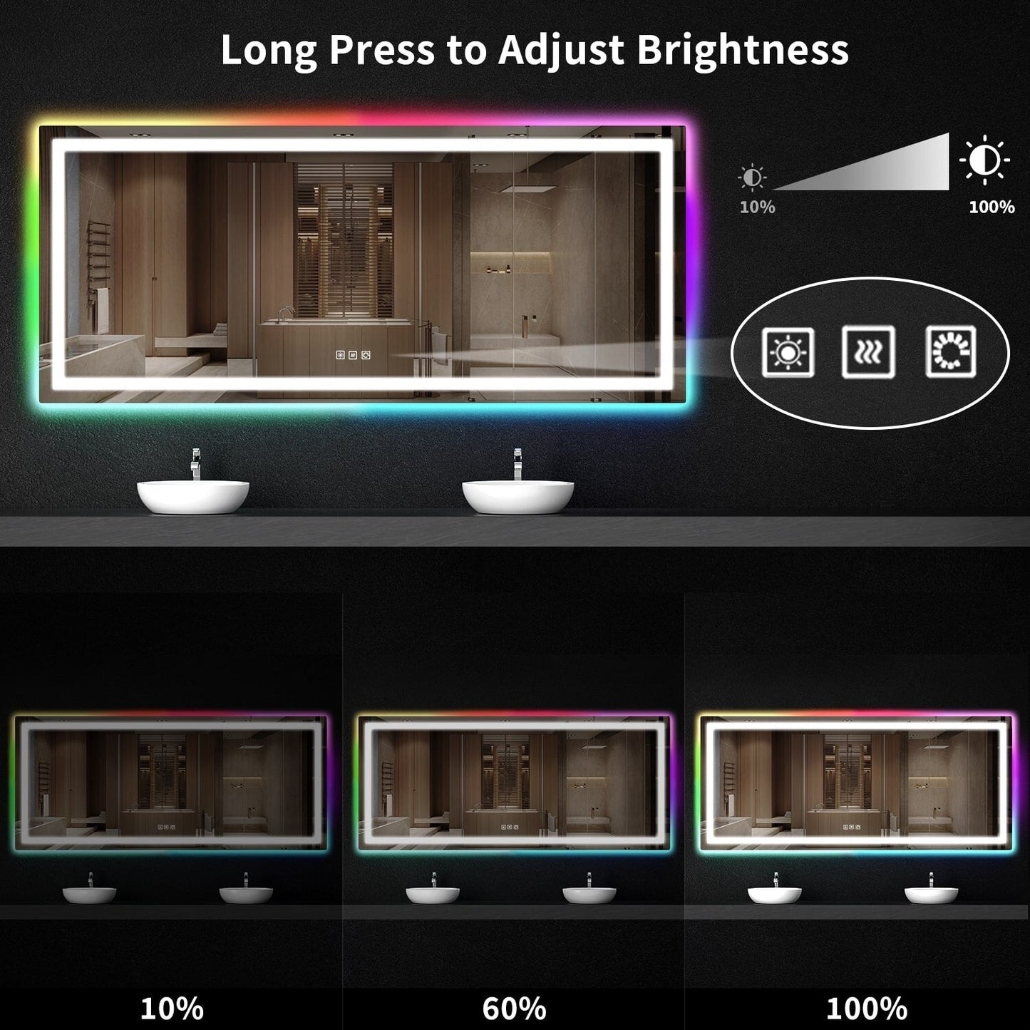 Miroir de salle de bain antibuée avec rétroéclairage RGB et éclairage LED frontal