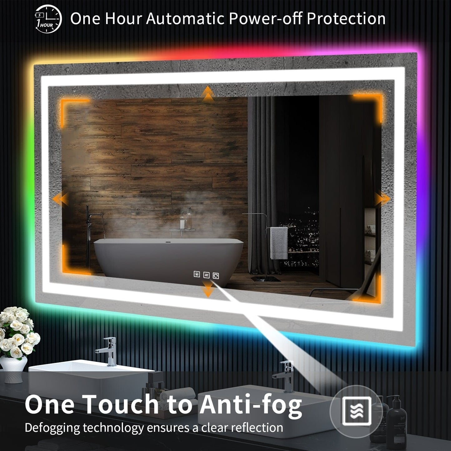 Miroir de salle de bain antibuée avec rétroéclairage RGB et éclairage LED frontal
